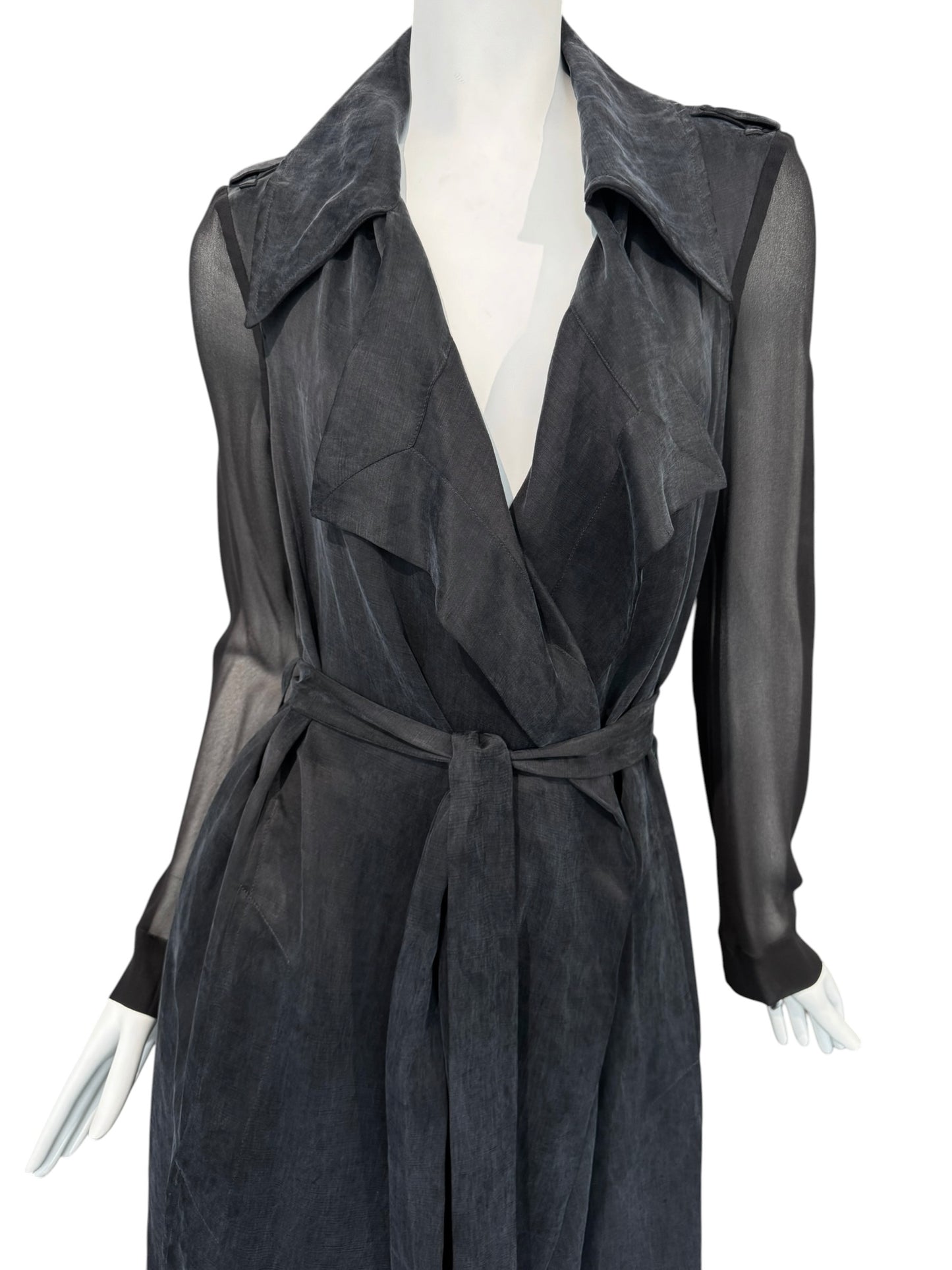 FAYÇAL AMOR 2010s DARK BLUE & BLACK LINEN & SILK MAXI COAT