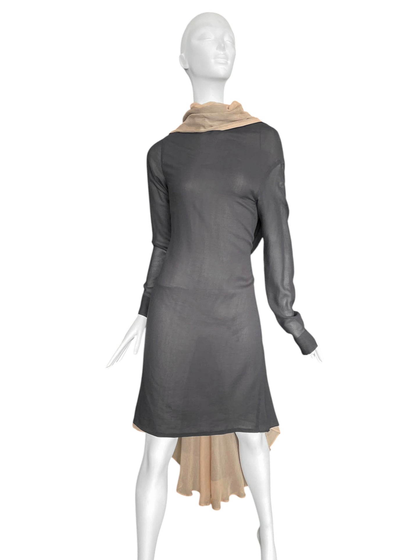 GUSTAVO LINS HAUTE COUTURE SS2009 DARK GREY & BEIGE SILK LAYERED PLEATED MIDI DRESS