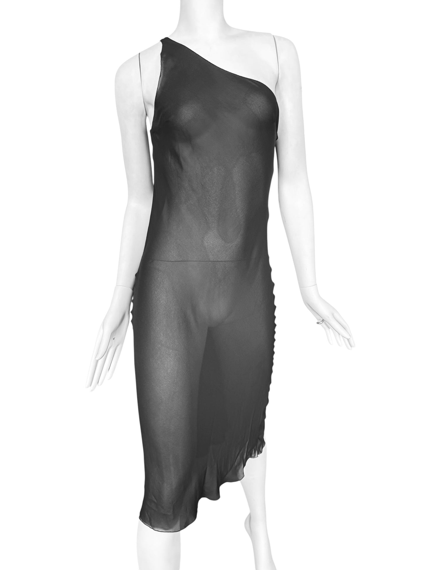 CHRISTIAN DIOR FW2006 BY JOHN GALLIANO BLACK SILK ASYMMETRICAL RUFFLES TRAIN MAXI DRESS