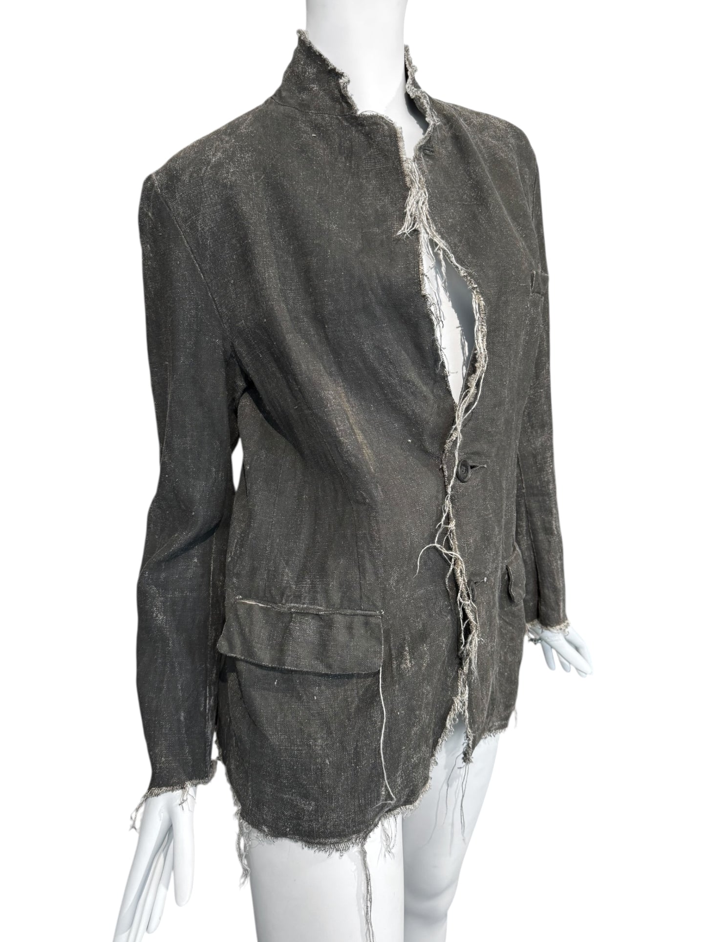 RIPVANWINKLE 2000s GREY LINEN PAINTED DISTRESS BLAZER