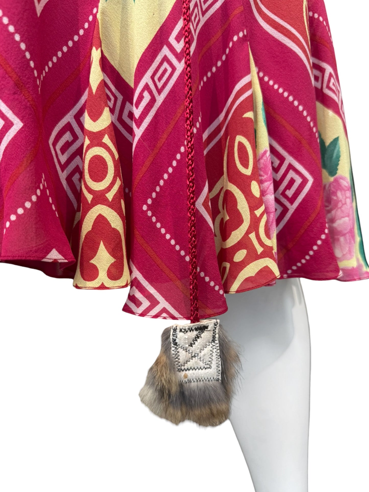 JOHN GALLIANO FW2002 PINK SILK & FUR FOLKLORIC FLORAL PRINT MIDI DRESS