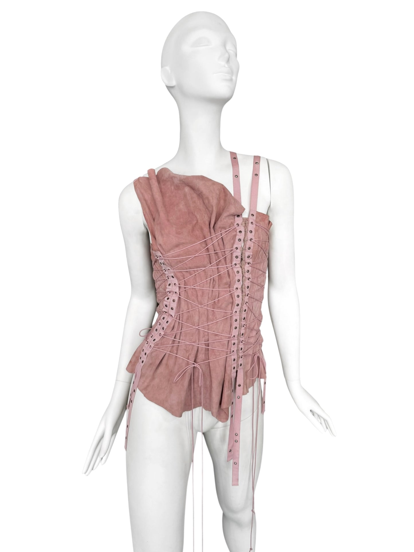 PLEIN SUD SS2003 PINK LEATHER LACE-UP BONDAGE TANK TOP