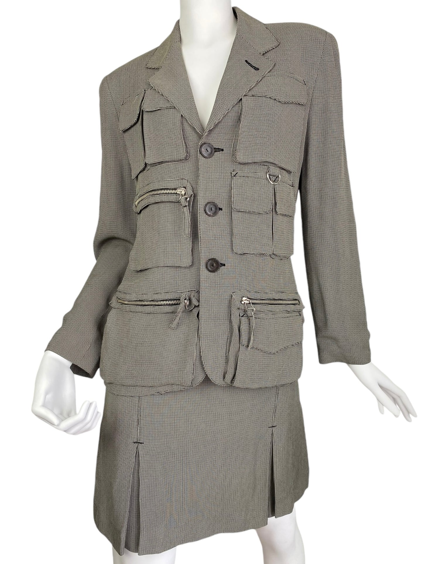 JEAN-PAUL GAULTIER 1980s LIGHT GREEN/GREY CHECKERED UTILITY POCKET SKIRT SUIT (BLAZER & SKIRT)