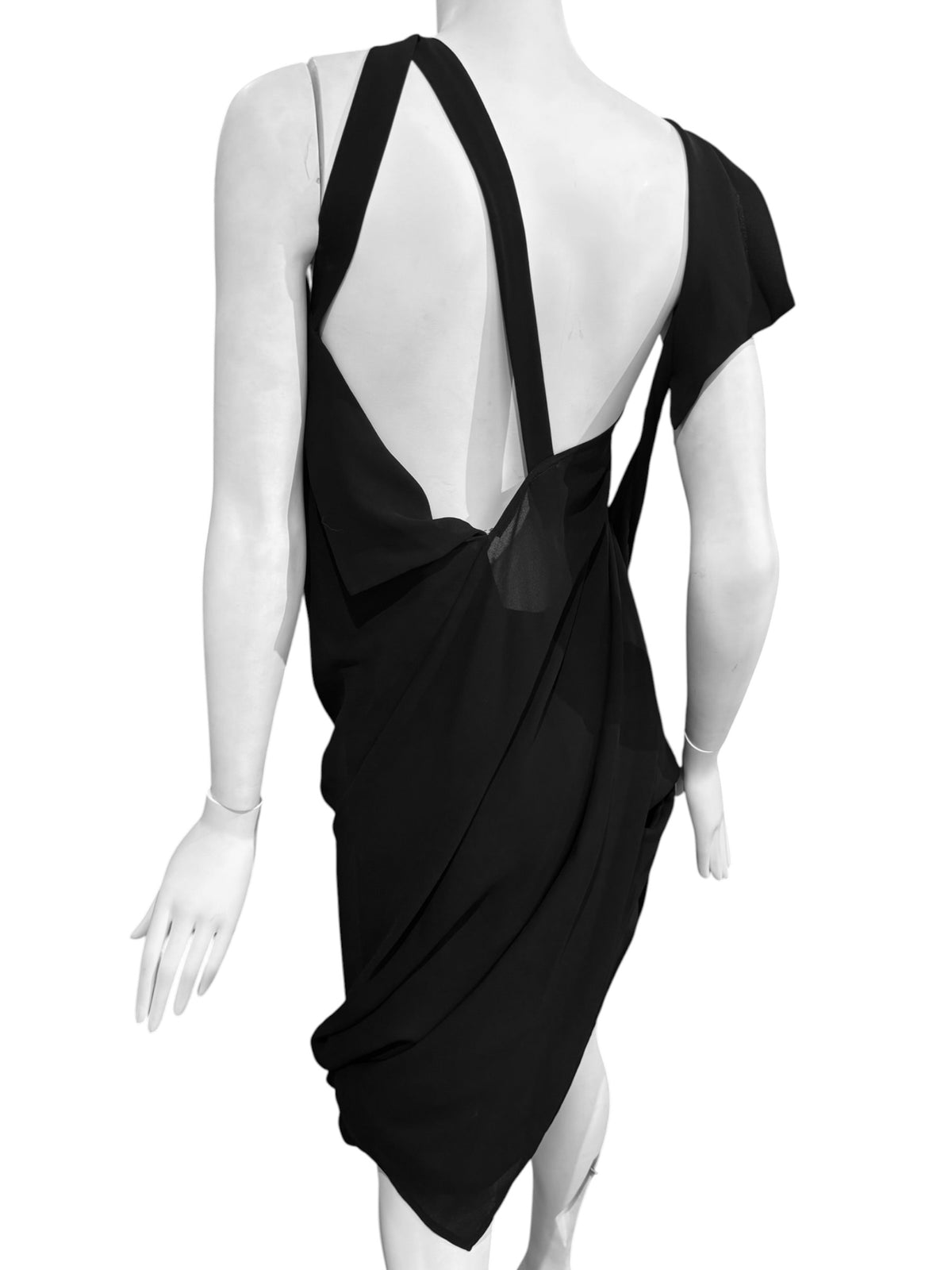 JUNYA WATANABE FW2009 BLACK SHEER ASYMMETRICAL DRAPED MIDI DRESS