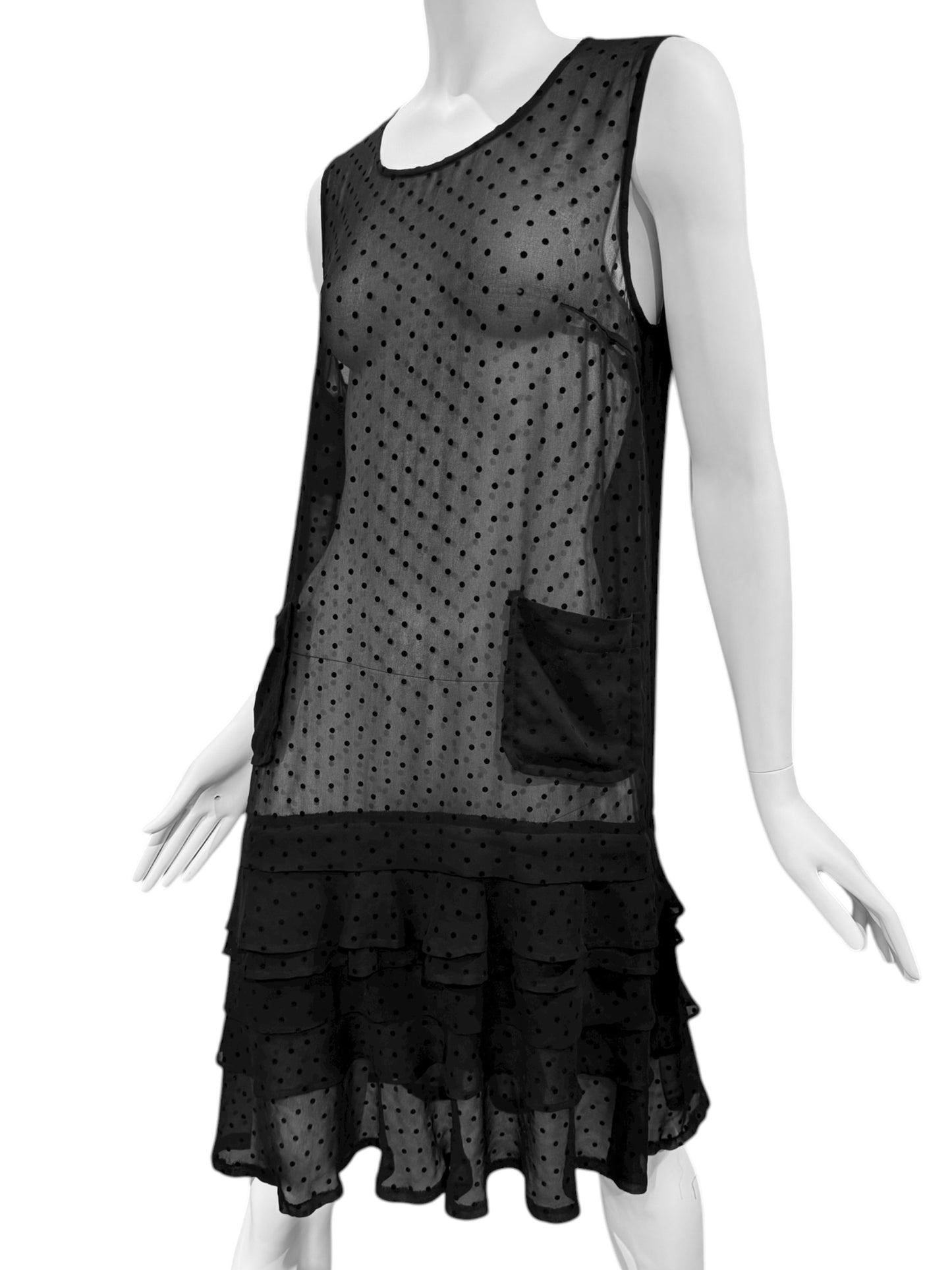 COMME DES GARÇONS TRICOT 2000s BLACK SHEER POLKA DOT RUFFLES HEM MIDI DRESS