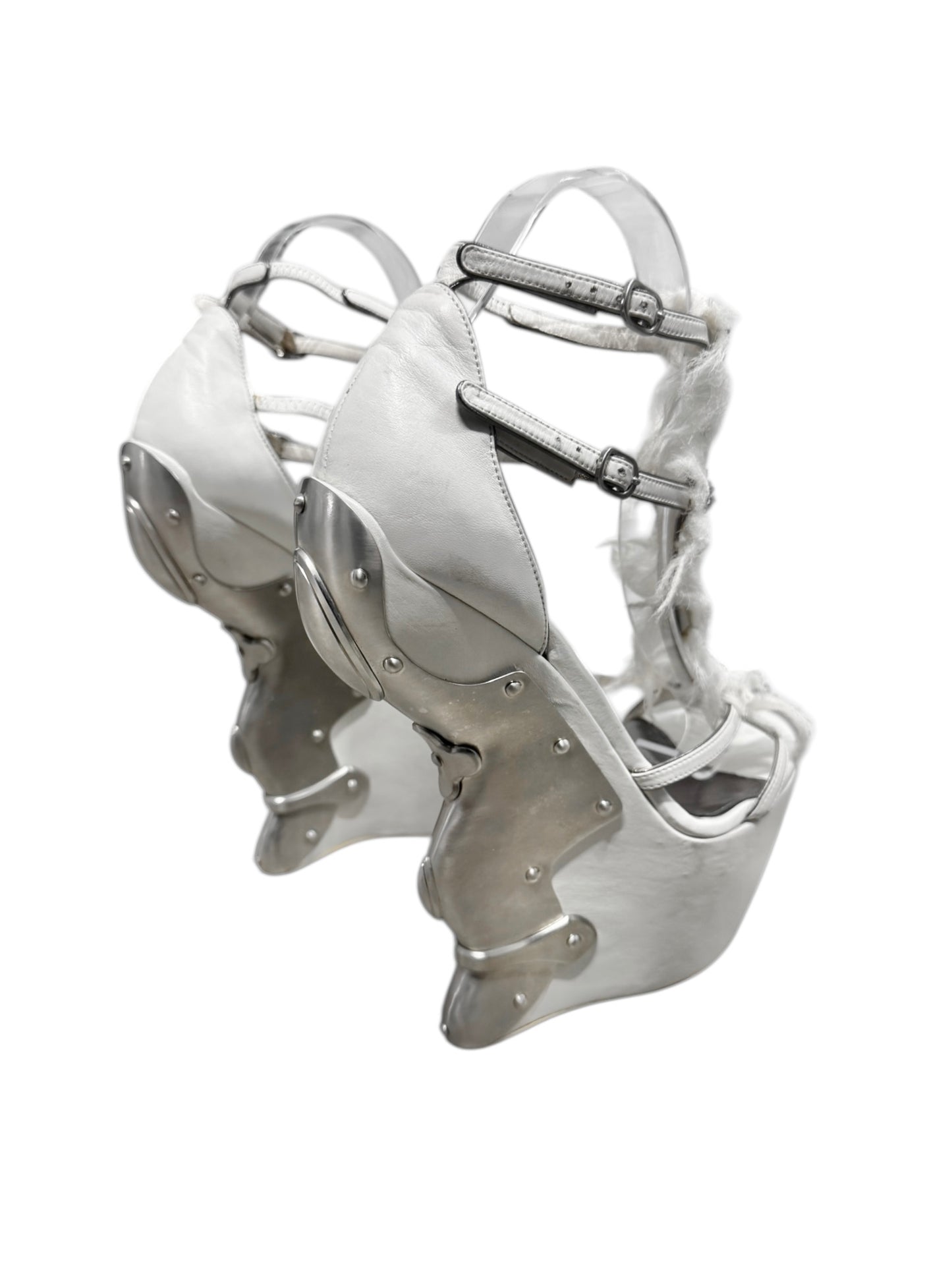 ALEXANDER MCQUEEN FW2011 BY SARAH BURTON WHITE LEATHER, SILK & METAL WEDGE SANDALS