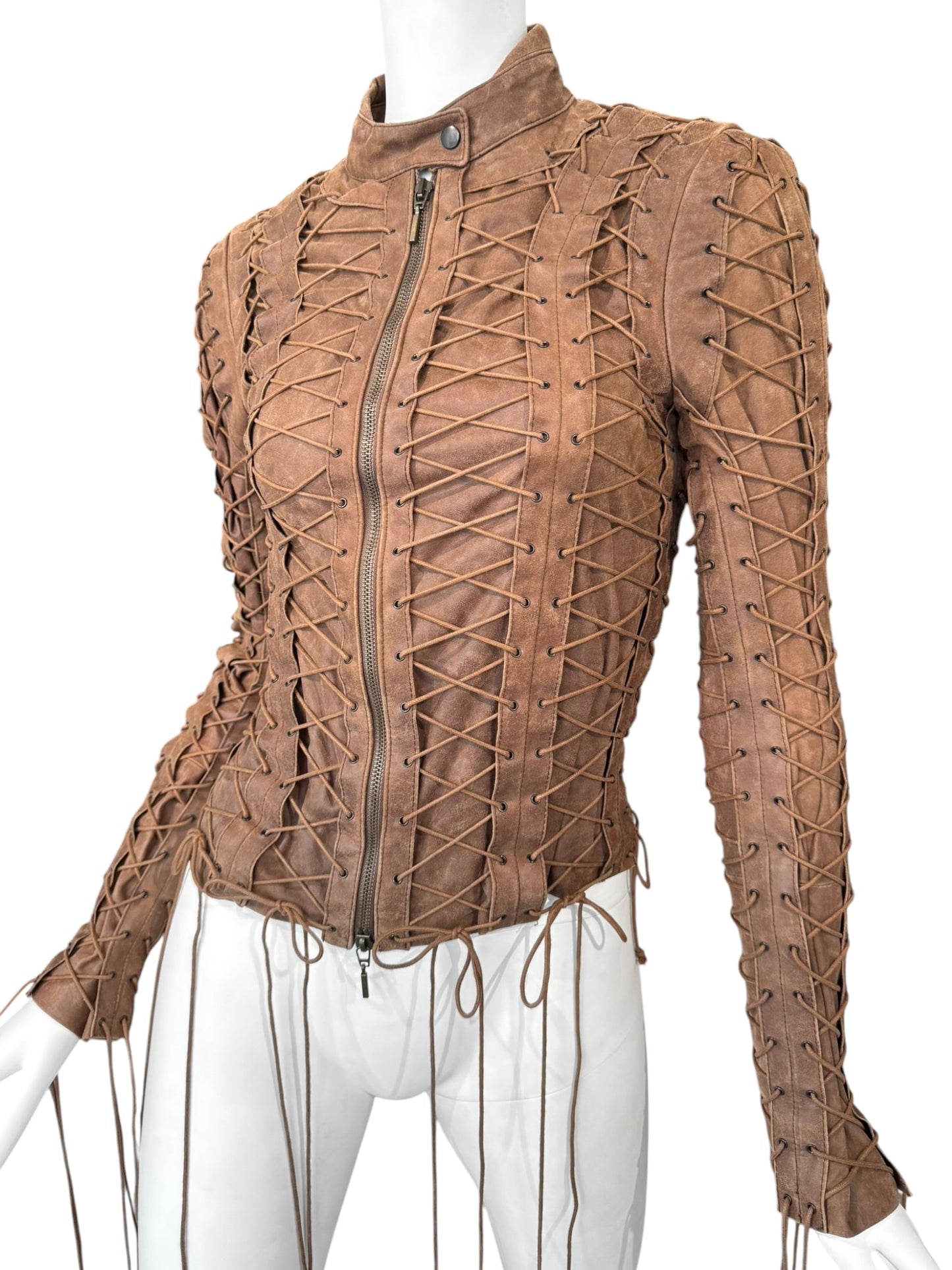 PLEIN SUD FW2002 BROWN LEATHER LACE-UP CAGE JACKET
