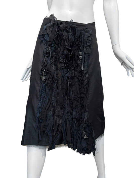 SANDRINE PHILIPPE 2000s BLACK FRAYED FABRIC APPLIQUÉ MIDI SKIRT