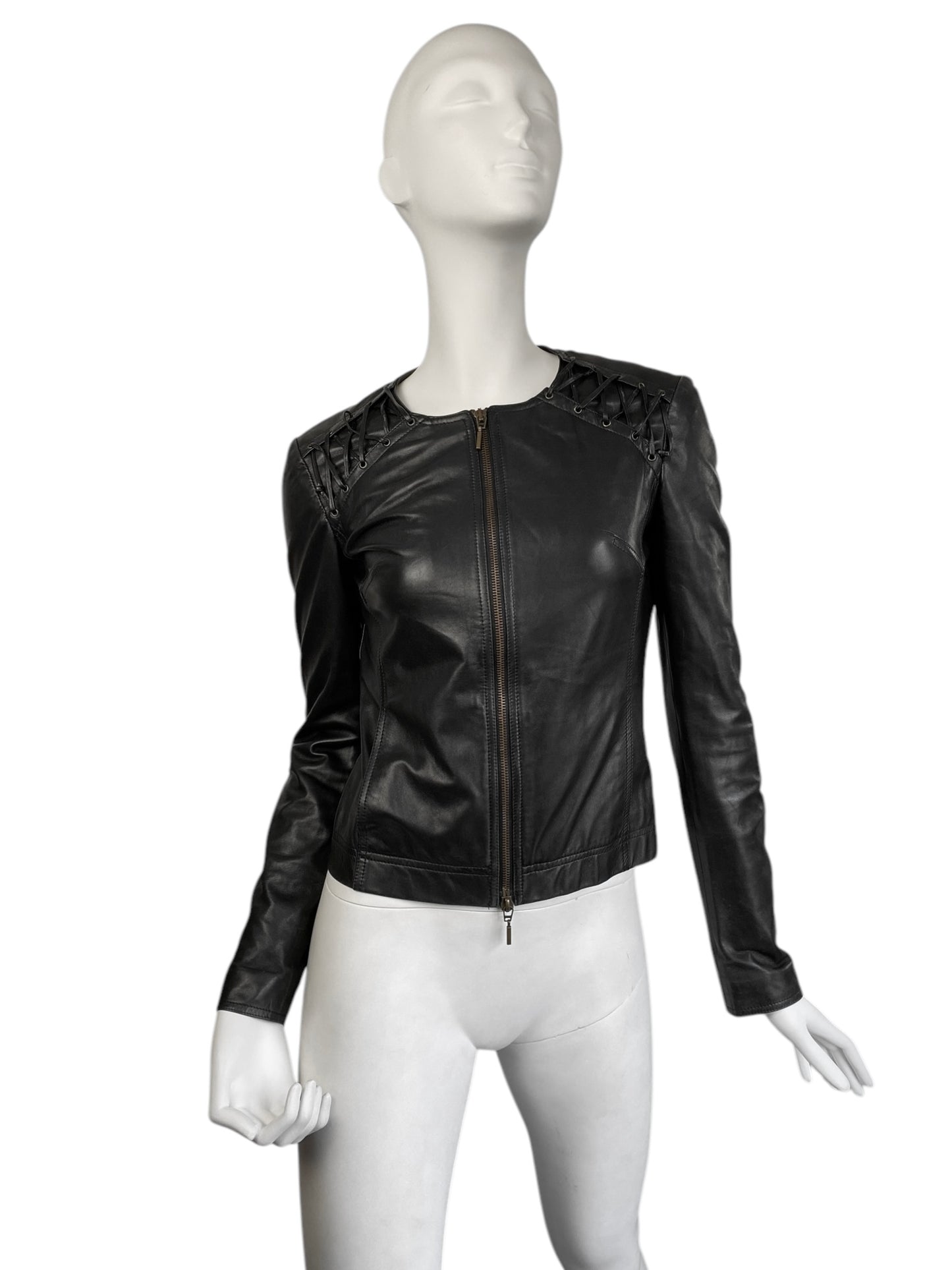 PLEIN SUD 2000s BLACK LEATHER LACED SHOULDERS JACKET