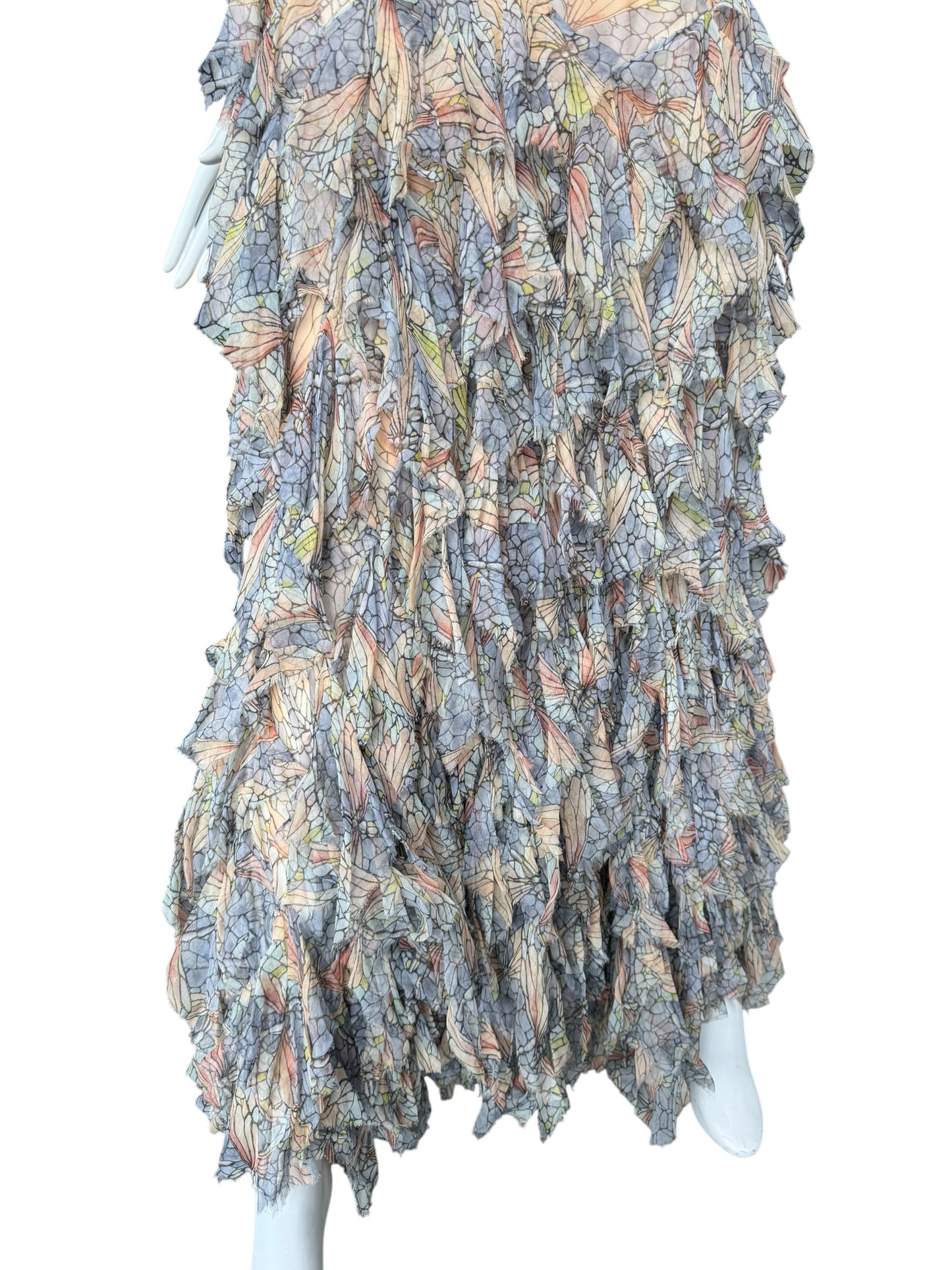 ALEXANDER MCQUEEN SS2004 ‘DELIVERANCE’ SILK STAINED GLASS BUTTERFLY PRINT RUFFLES MAXI DRESS