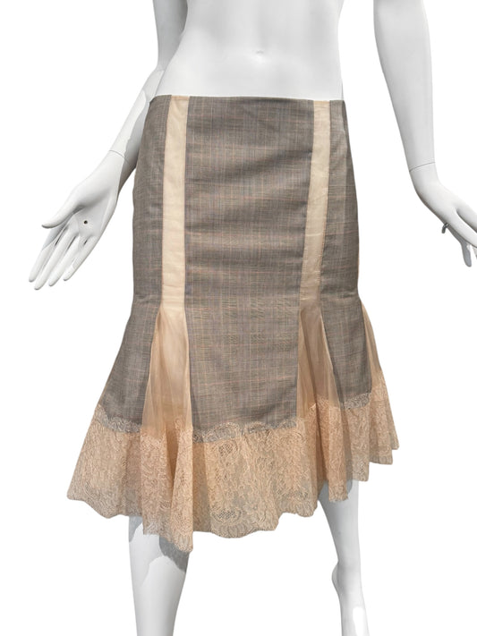 ALEXANDER MCQUEEN SS2004 «DELIVERANCE» GREY & BEIGE CHECK LACE HEM MIDI SKIRT