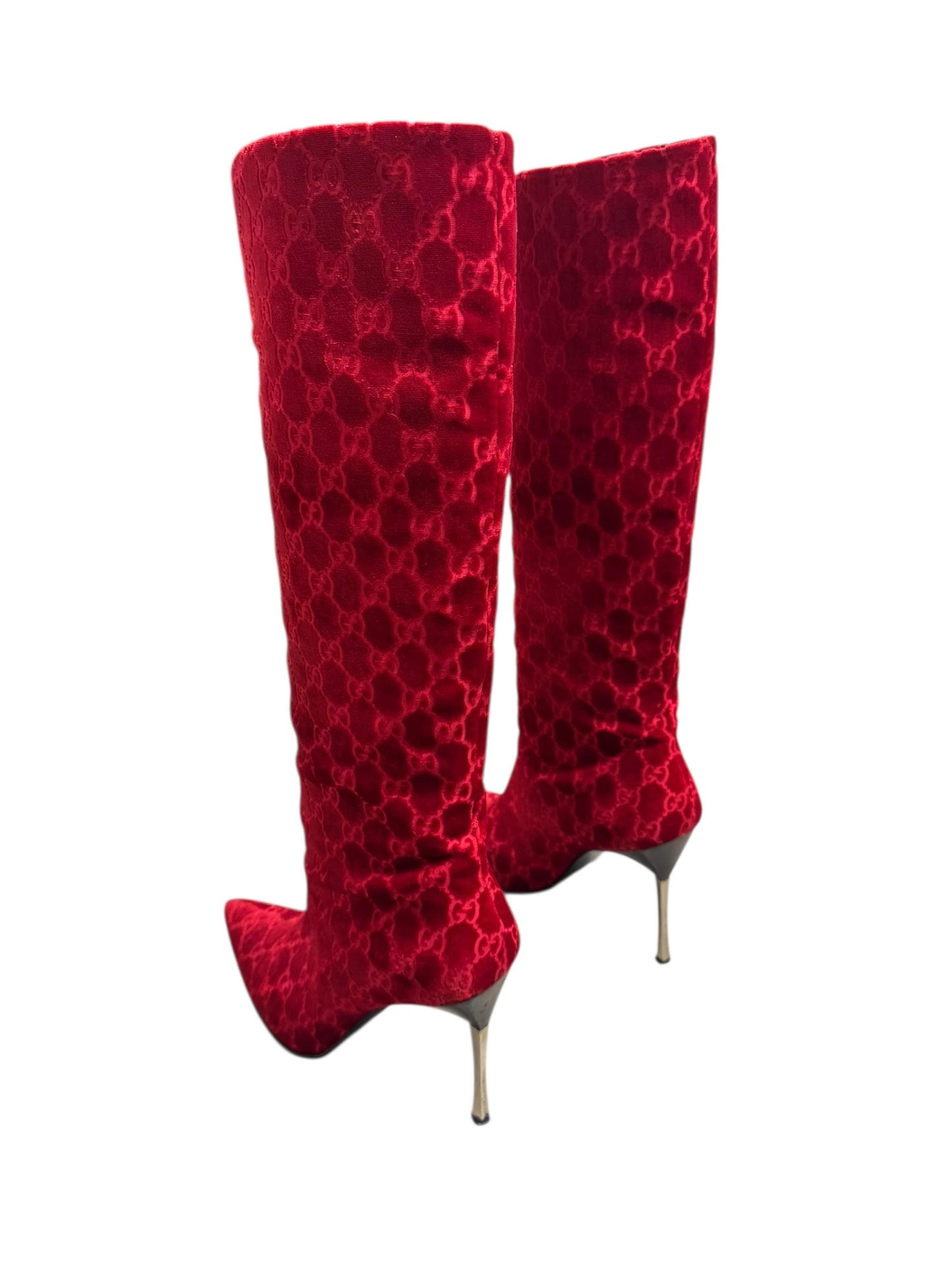 GUCCI FW1997 BY TOM FORD RED VELVET ‘GG’ MONOGRAM BOOTS