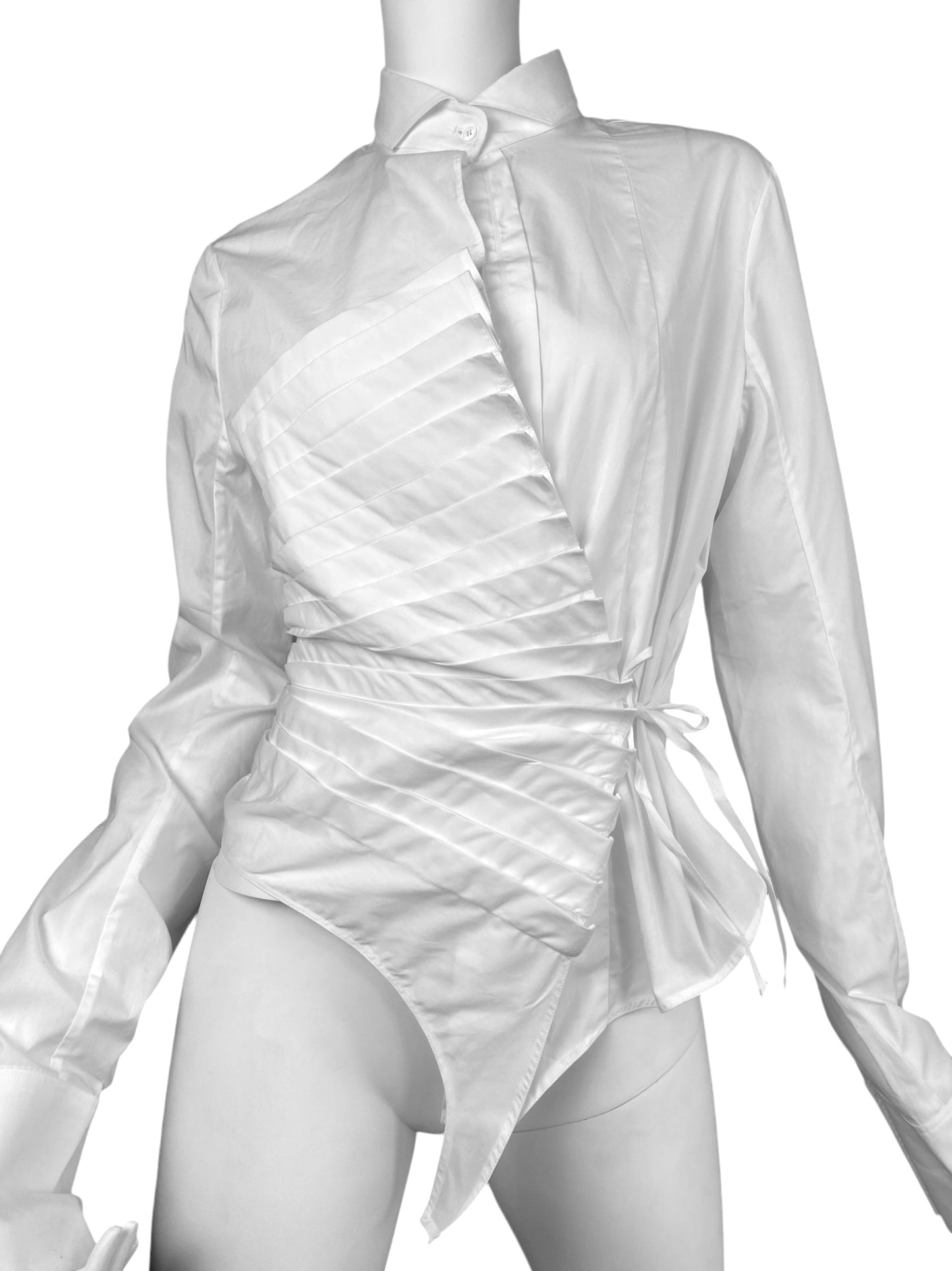 MARC LE BIHAN 2020s WHITE ASYMMETRICAL PLEATED TIE UP SHIRT