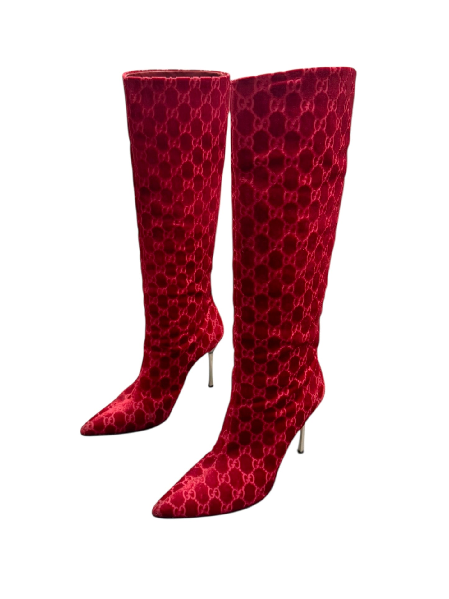GUCCI FW1997 BY TOM FORD RED VELVET ‘GG’ MONOGRAM BOOTS