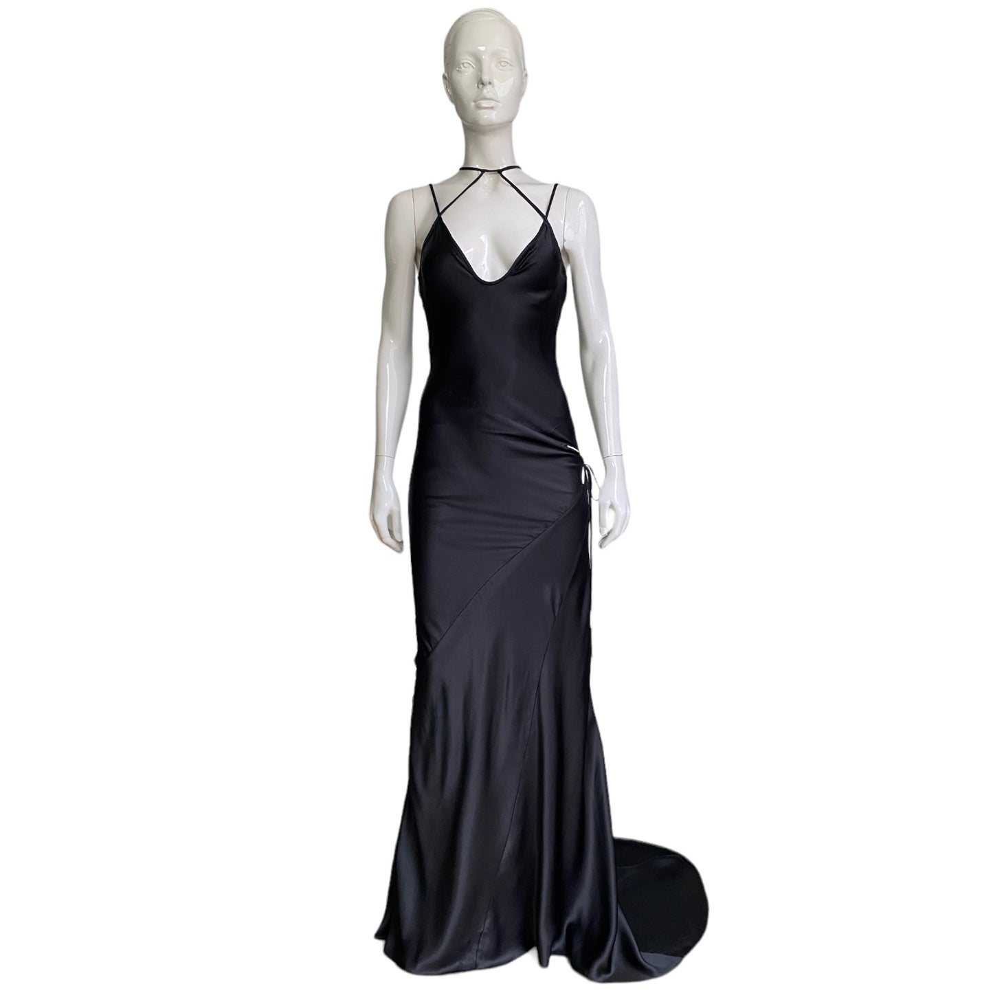 FAYÇAL AMOR SS2003 BLACK SATIN CUT OUT DOUBLE STRAPS MAXI DRESS