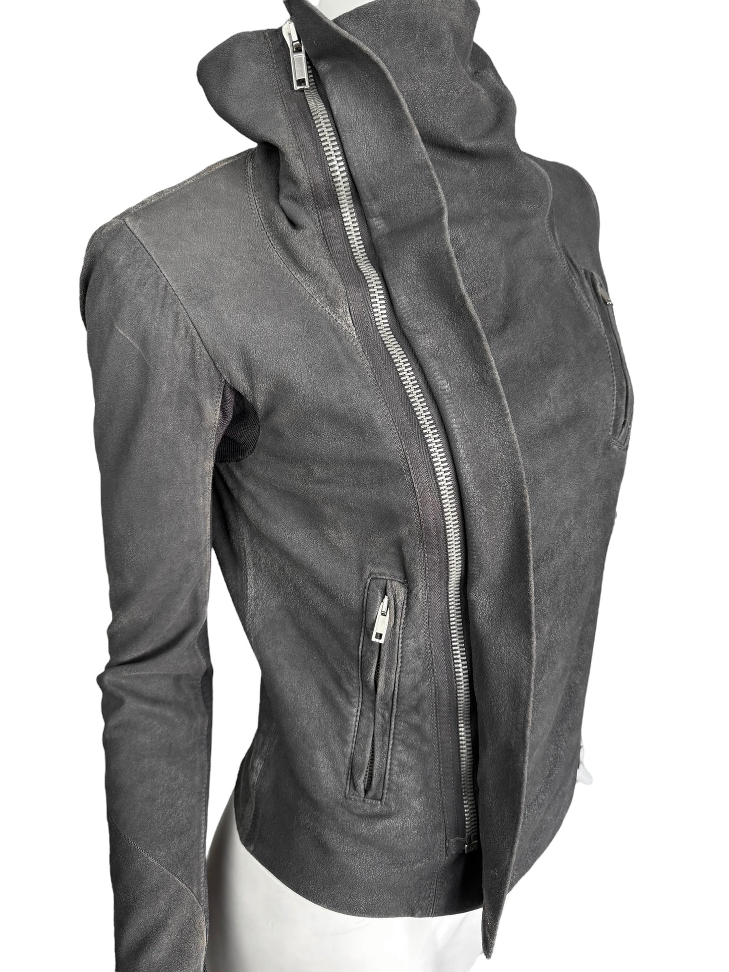 RICK OWENS 2000s GREY LEATHER HIGH COLLAR ZIP JACKET