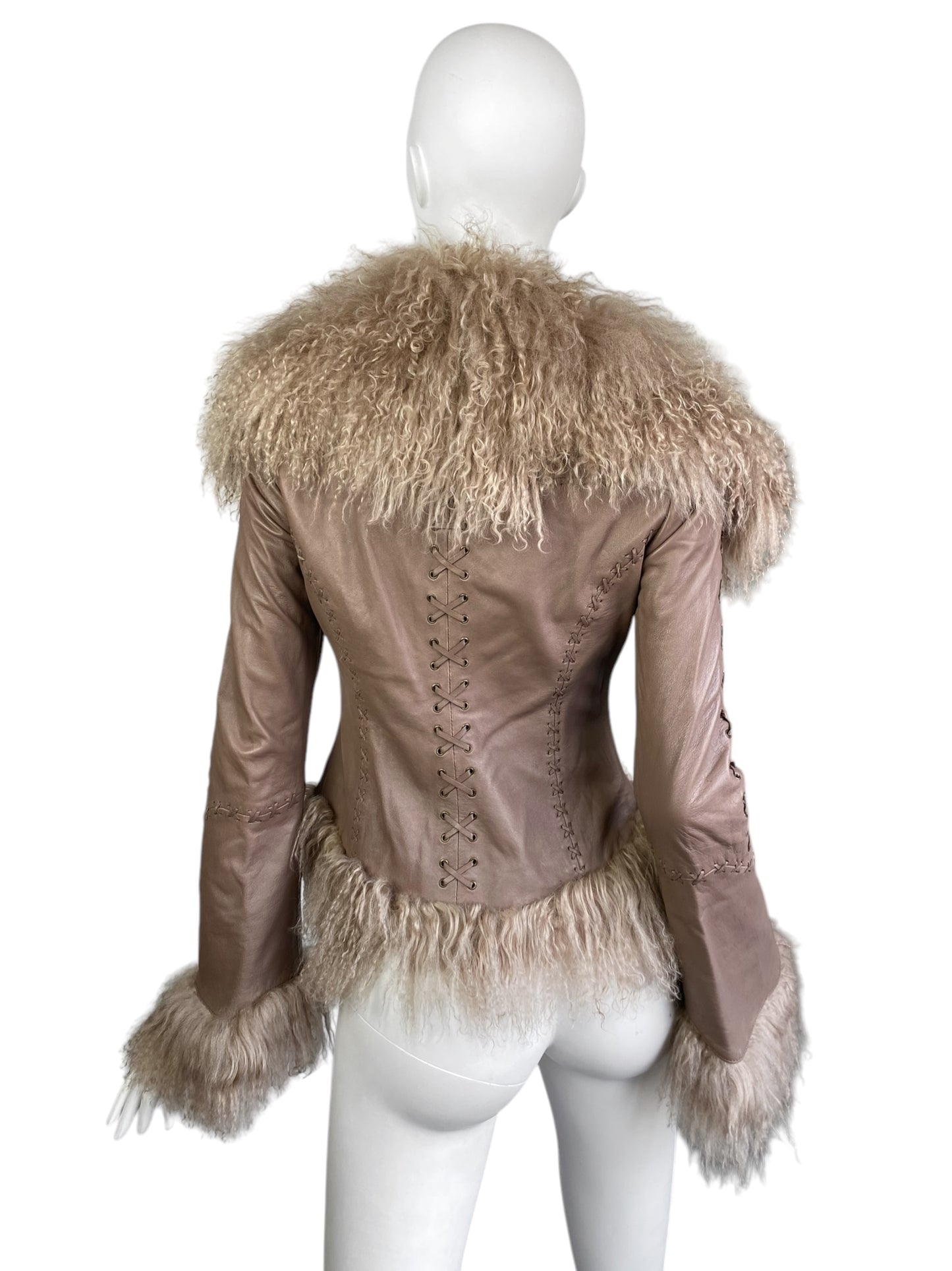 JUST CAVALLI 2000s BEIGE LEATHER LACED MONGOLIAN LAMB FUR TRIM JACKET