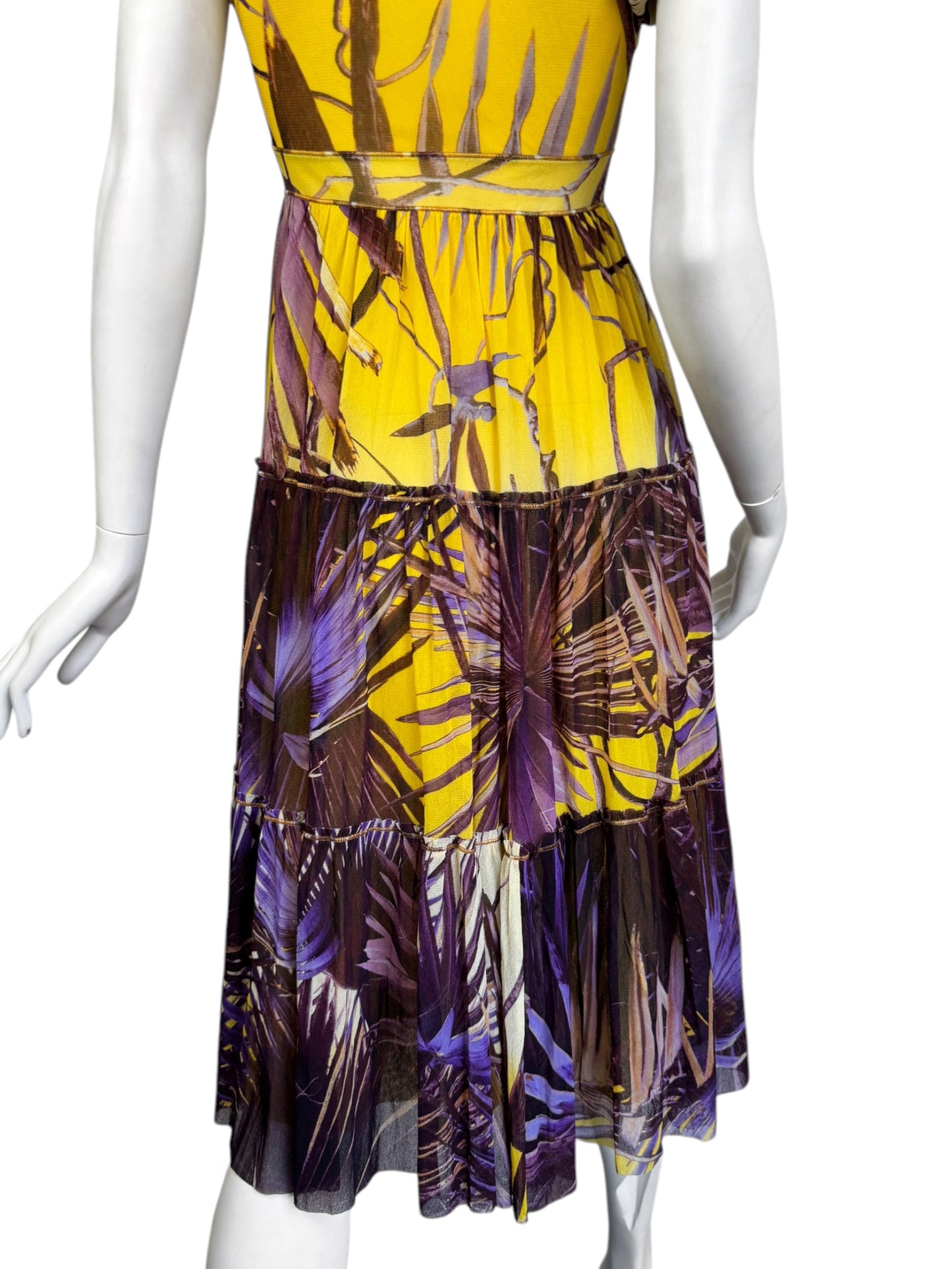 JEAN PAUL GAULTIER 2000s YELLOW & PURPLE MESH TROPICAL PRINT MIDI DRESS