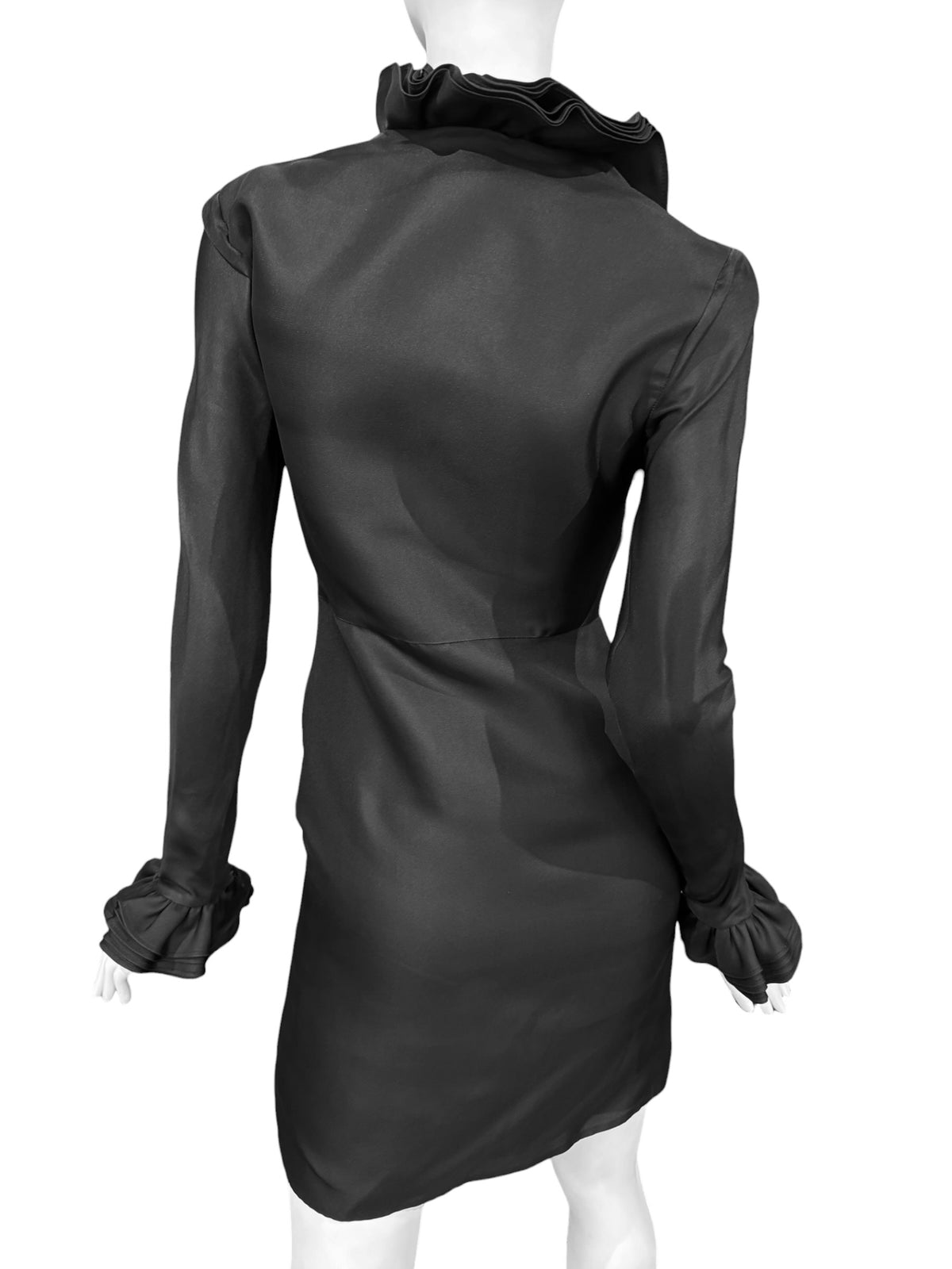 GUCCI FW2000 BY TOM FORD BLACK SILK RUFFLED NECKLINE MINI DRESS