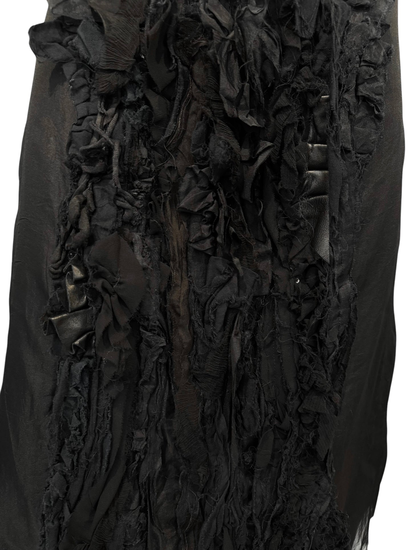 SANDRINE PHILIPPE 2000s BLACK FRAYED FABRIC APPLIQUÉ MIDI SKIRT