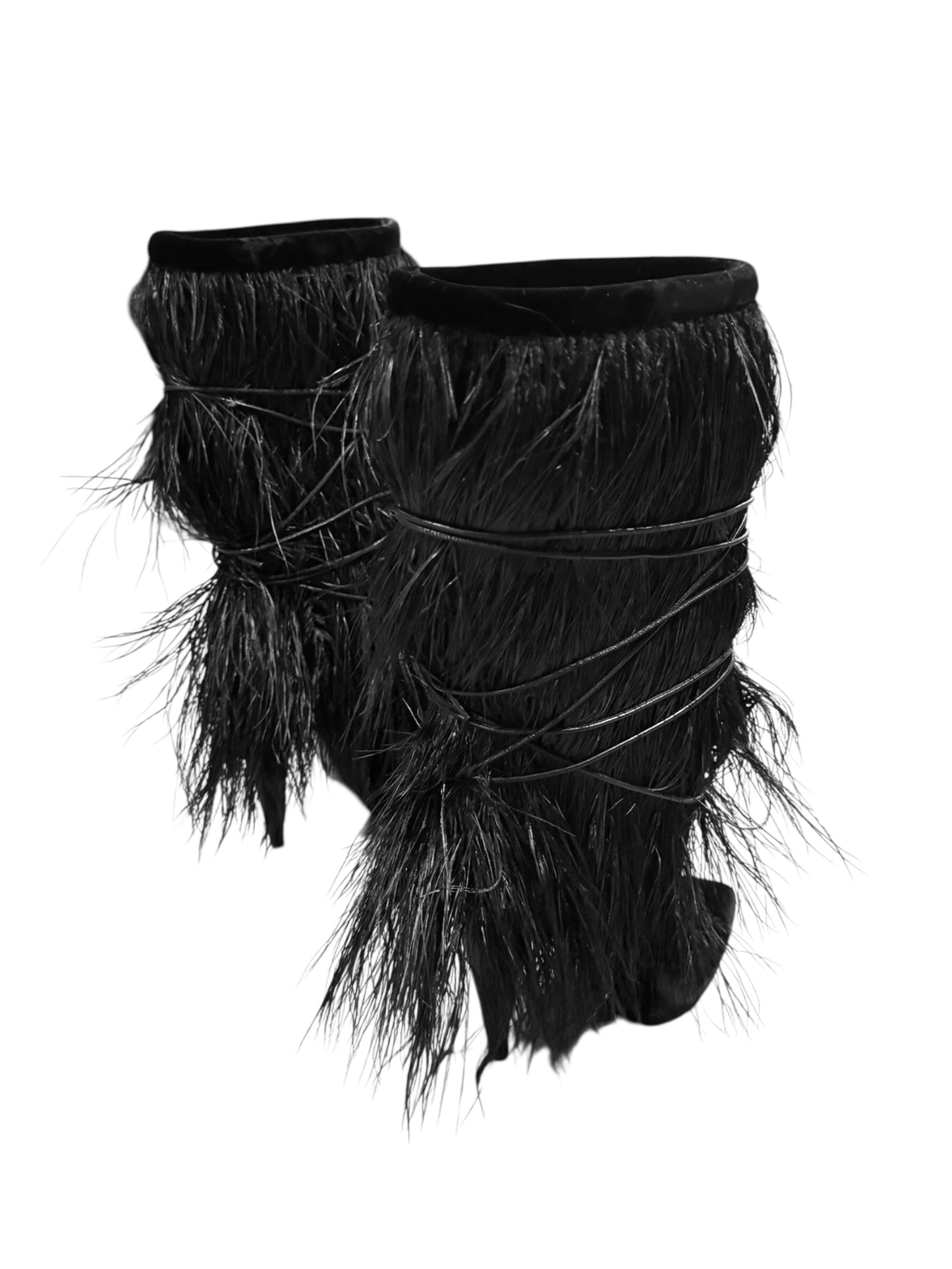 SAINT LAURENT SS2018 BY ANTHONY VACCARELLO BLACK VELVET & OSTRICH FEATHERS BOOTS