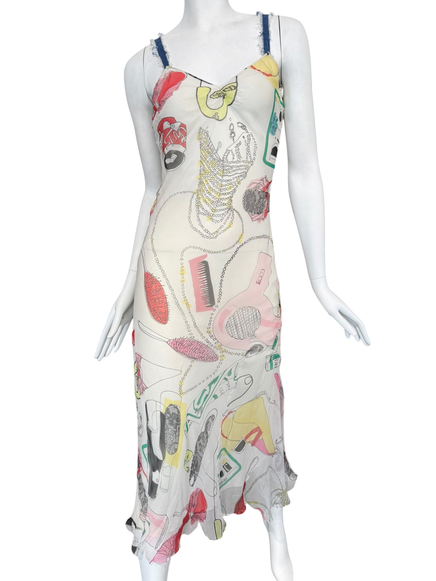 DIOR SS2001 BY JOHN GALLIANO OFF-WHITE SILK KITSCH PRINT MAXI DRESS