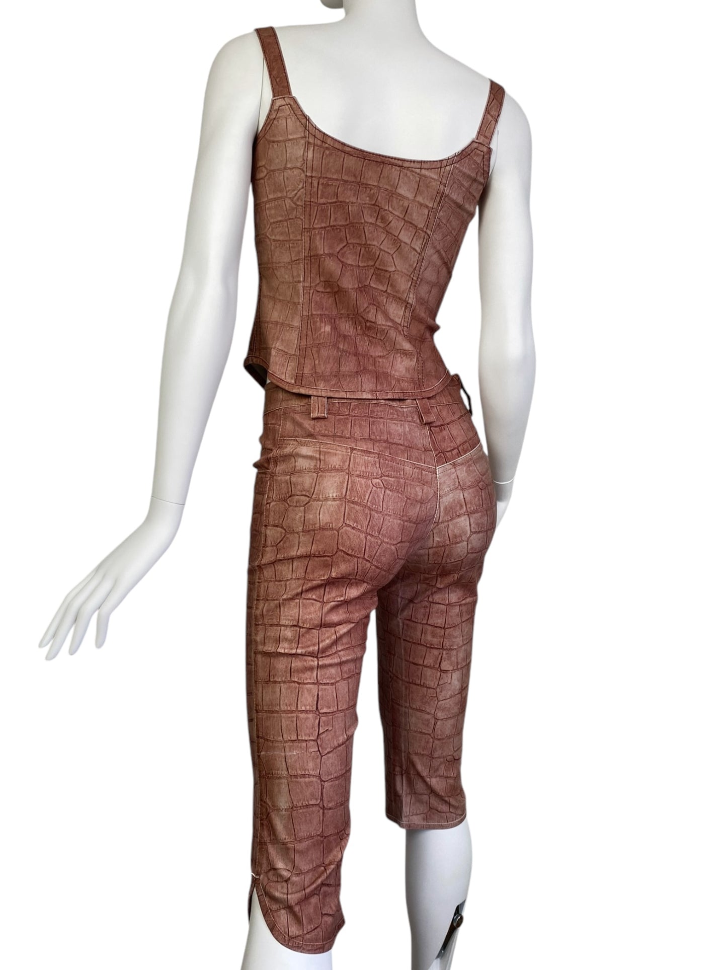 PLEIN SUD JEANS 2000s COPPER LEATHER CROCODILE EMBOSSED 2p. SET (CORSET + CAPRI PANTS)