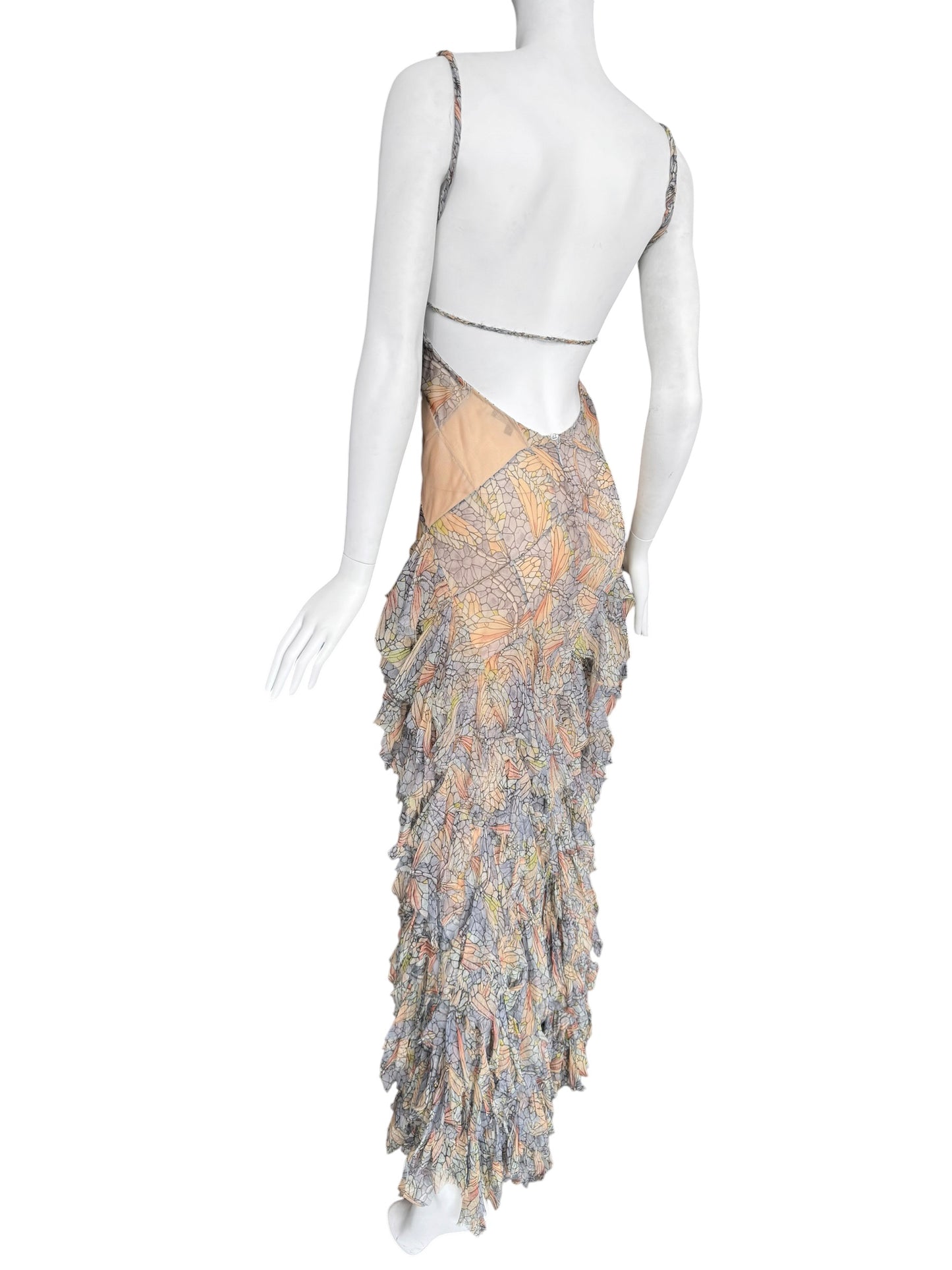ALEXANDER MCQUEEN SS2004 ‘DELIVERANCE’ SILK STAINED GLASS BUTTERFLY PRINT RUFFLES MAXI DRESS