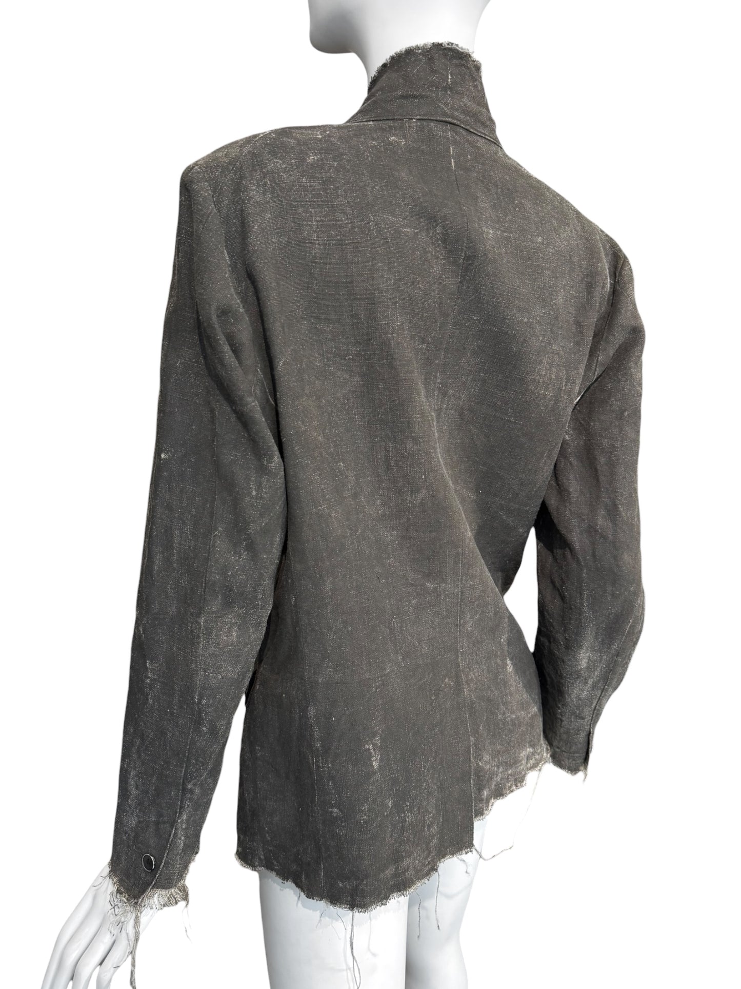 RIPVANWINKLE 2000s GREY LINEN PAINTED DISTRESS BLAZER