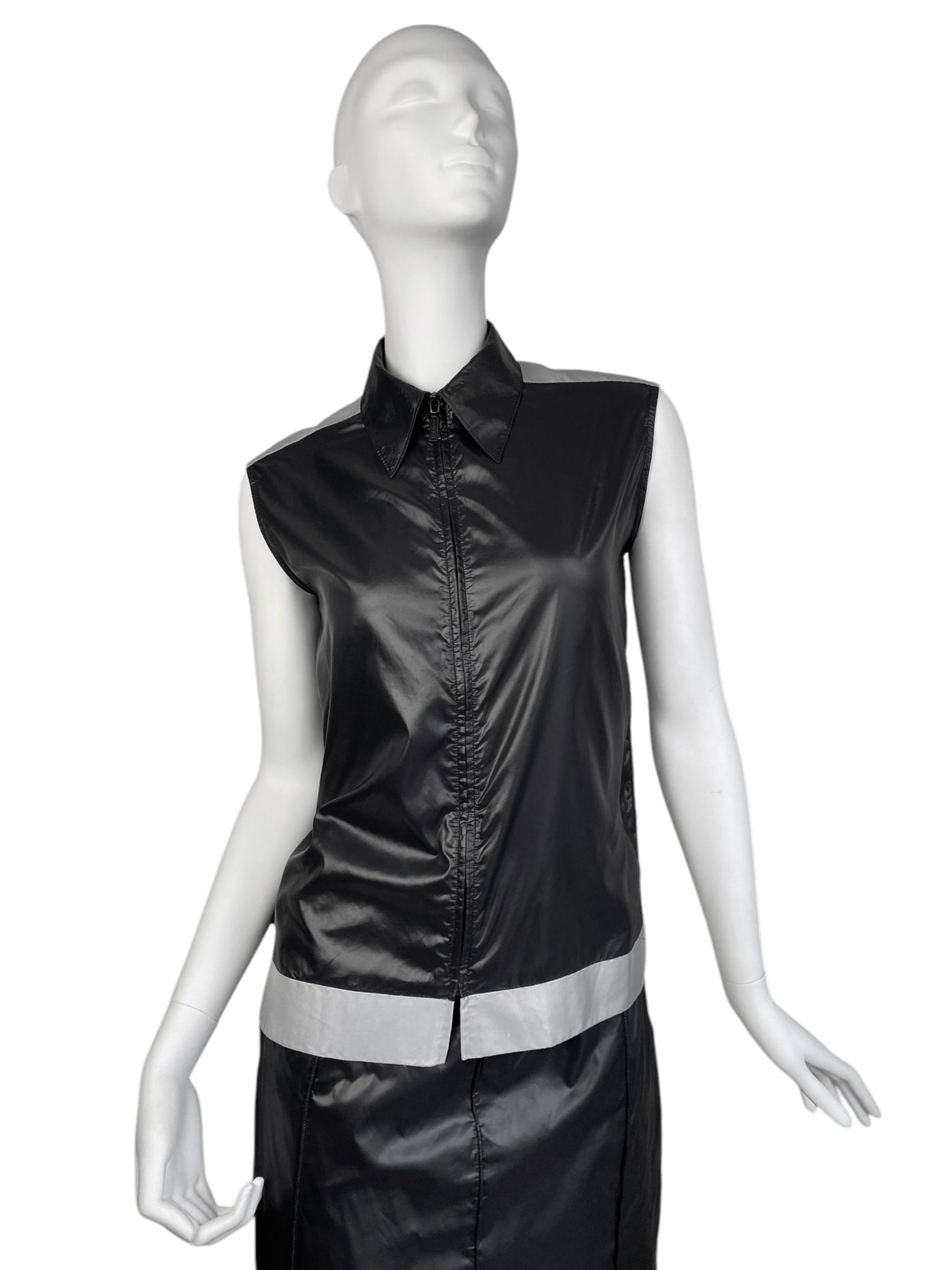 CHANEL SS1999 BY KARL LAGERFELD BLACK NYLON REFLECTIVE HEM 3P. SET (TOP + PANTS + SKIRT)