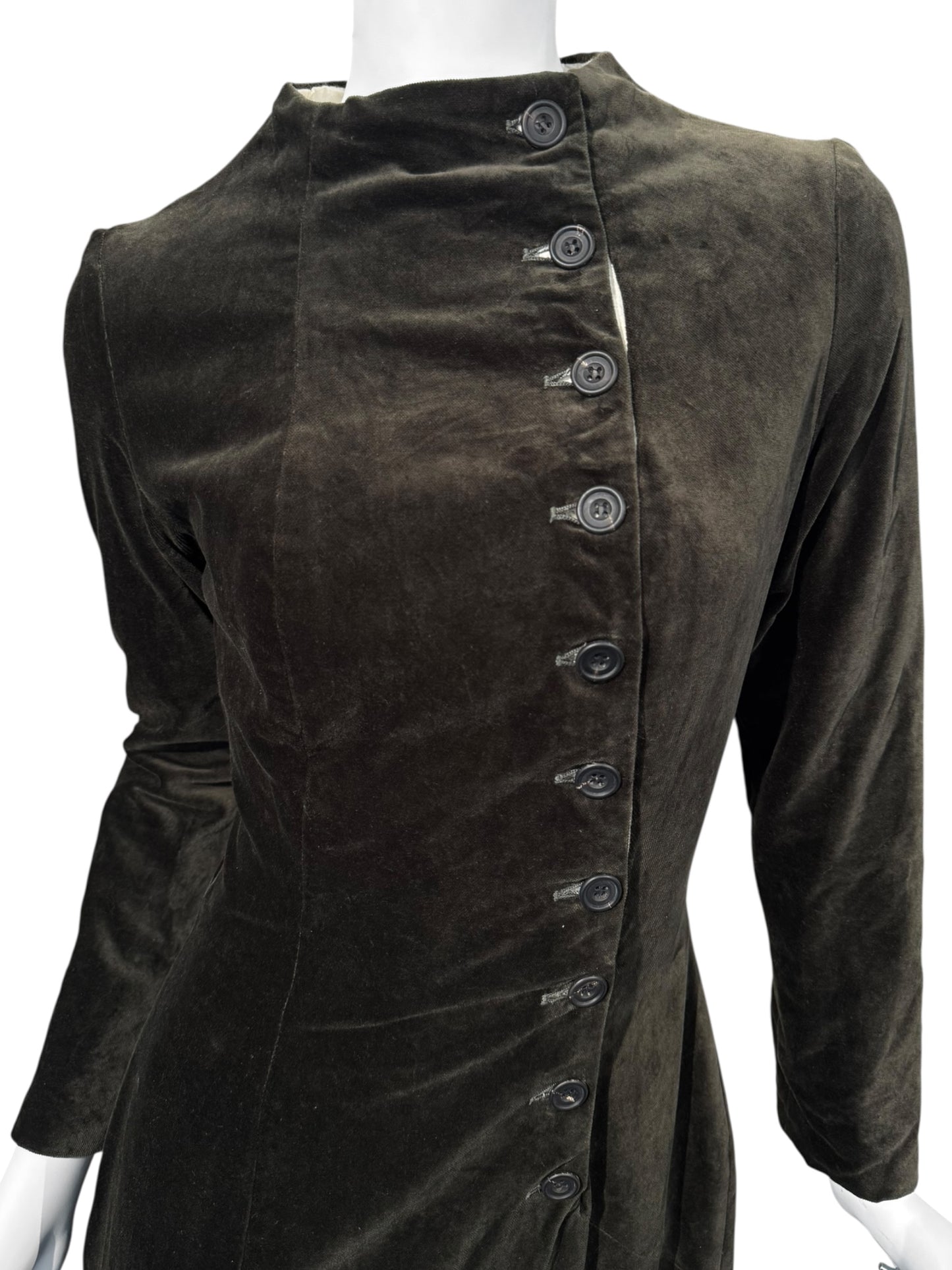 PAUL HARNDEN SHOEMAKERS 2000s DARK OLIVE VELVET MAXI ASYMMETRIC BUTTON MAXI DRESS