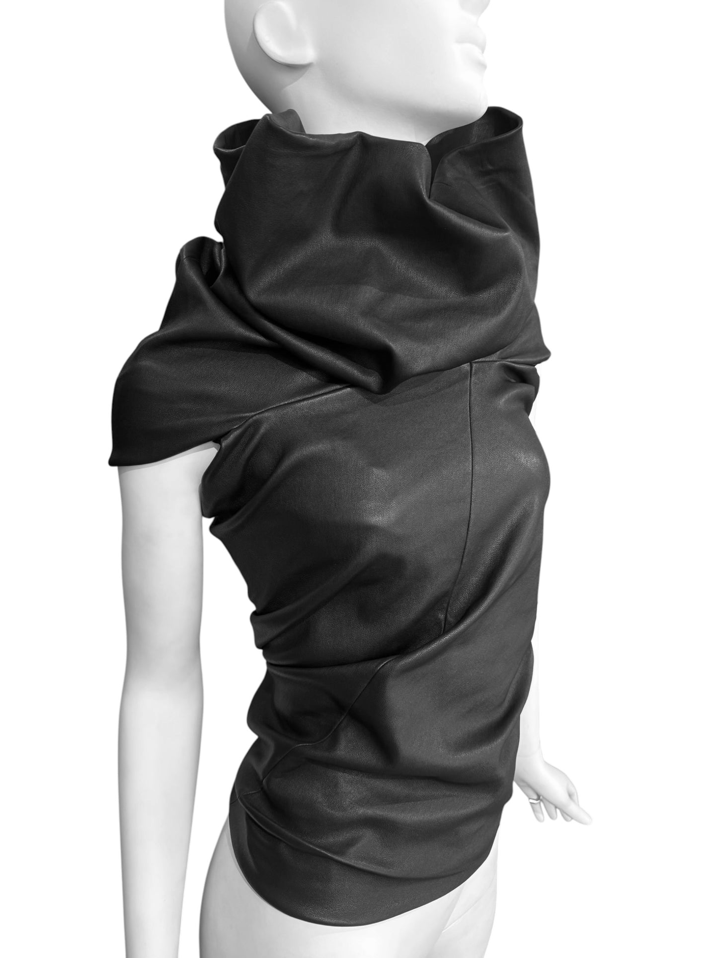 RICK OWENS SS2024 «LIDO» BLACK LEATHER DRAPED TANK TOP