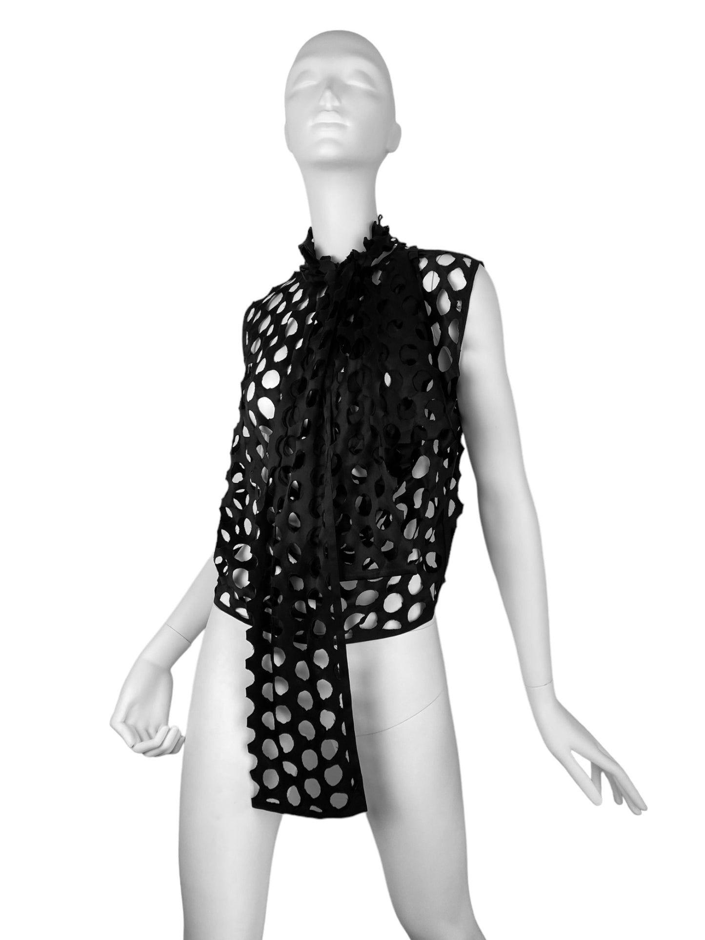 MAISON MARGIELA FW2020 BY GALLIANO BLACK SILK LASER CUT OUT POLKA DOTS ASCOT TIE TOP