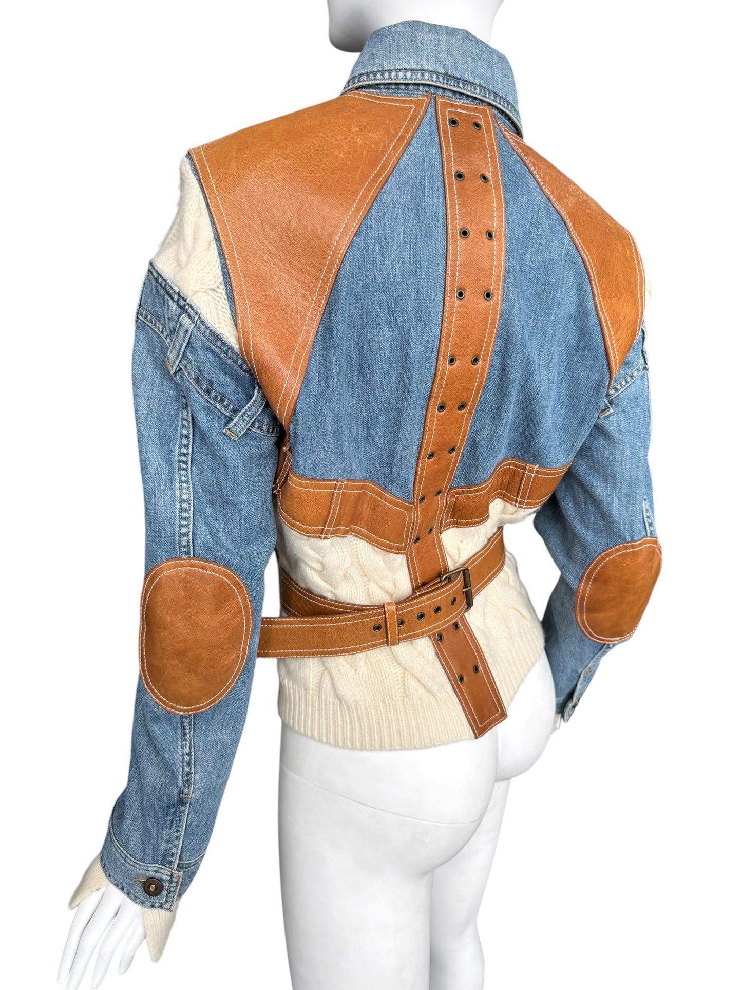 ALEXANDER MCQUEEN SS2004 ‘DELIVERANCE’ BLUE DENIM, BROWN LEATHER & CREAM KNIT PATCHWORK JACKET