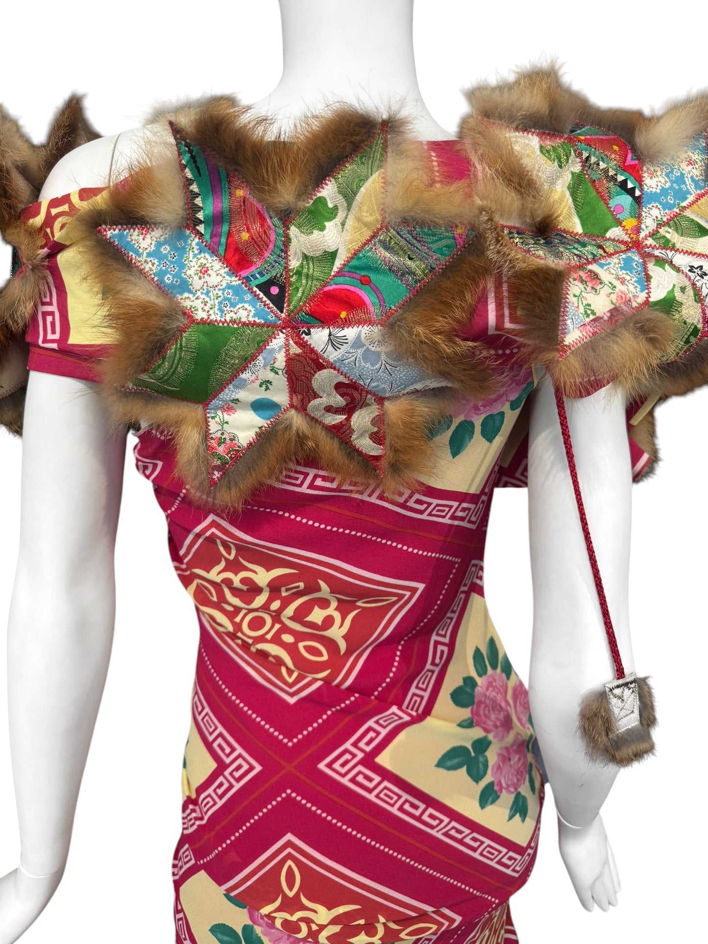 JOHN GALLIANO FW2002 PINK SILK & FUR FOLKLORIC FLORAL PRINT MIDI DRESS