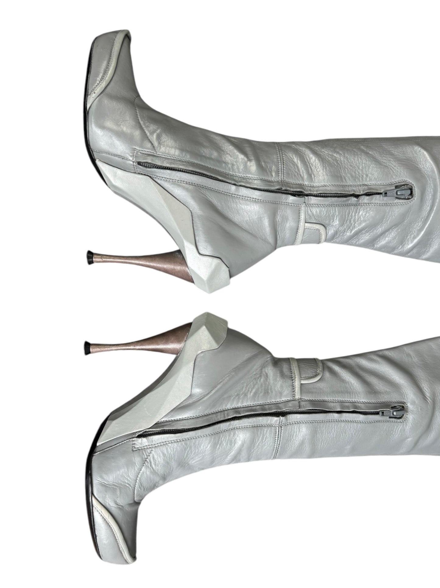 CELINE FW2008 BY IVANA OMAZIC GREY LEATHER MOTO KNEE-HIGH BOOTS