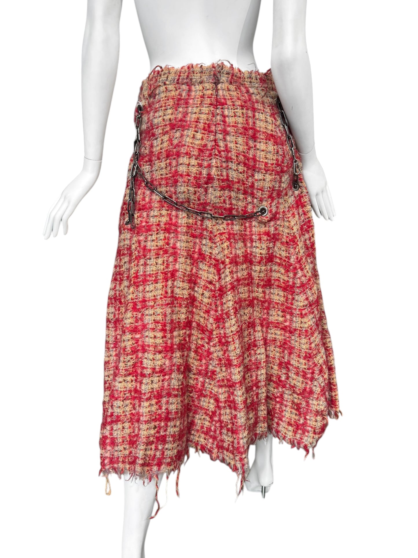 JUNYA WATANABE FW2003 RED WOOL DISTRESS TWEED CHAINS MAXI SKIRT
