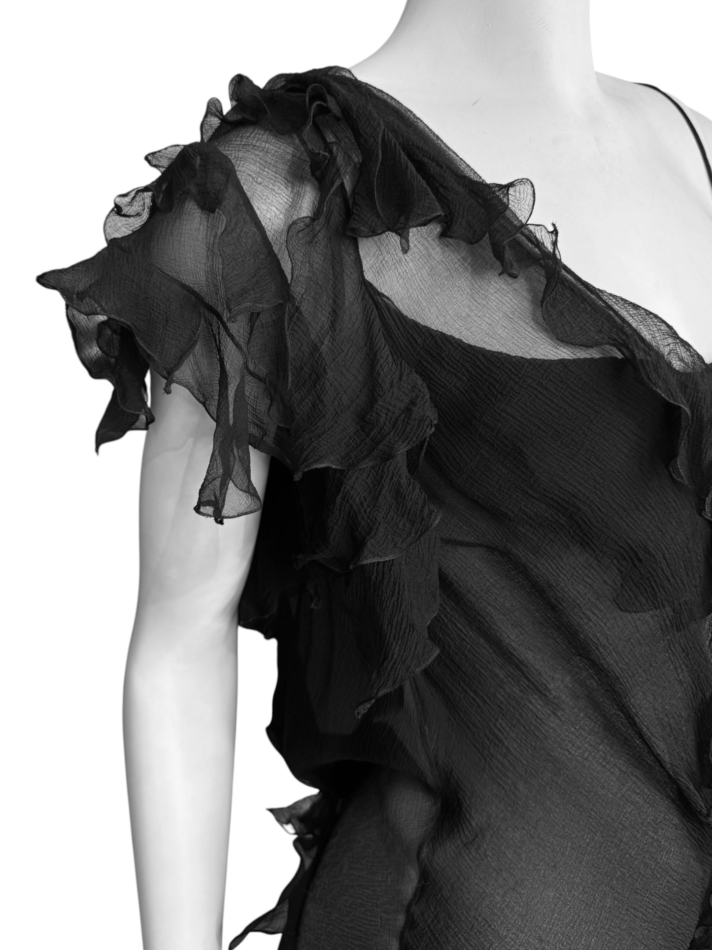 CHRISTIAN DIOR FW2006 BY JOHN GALLIANO BLACK SILK ASYMMETRICAL RUFFLES TRAIN MAXI DRESS