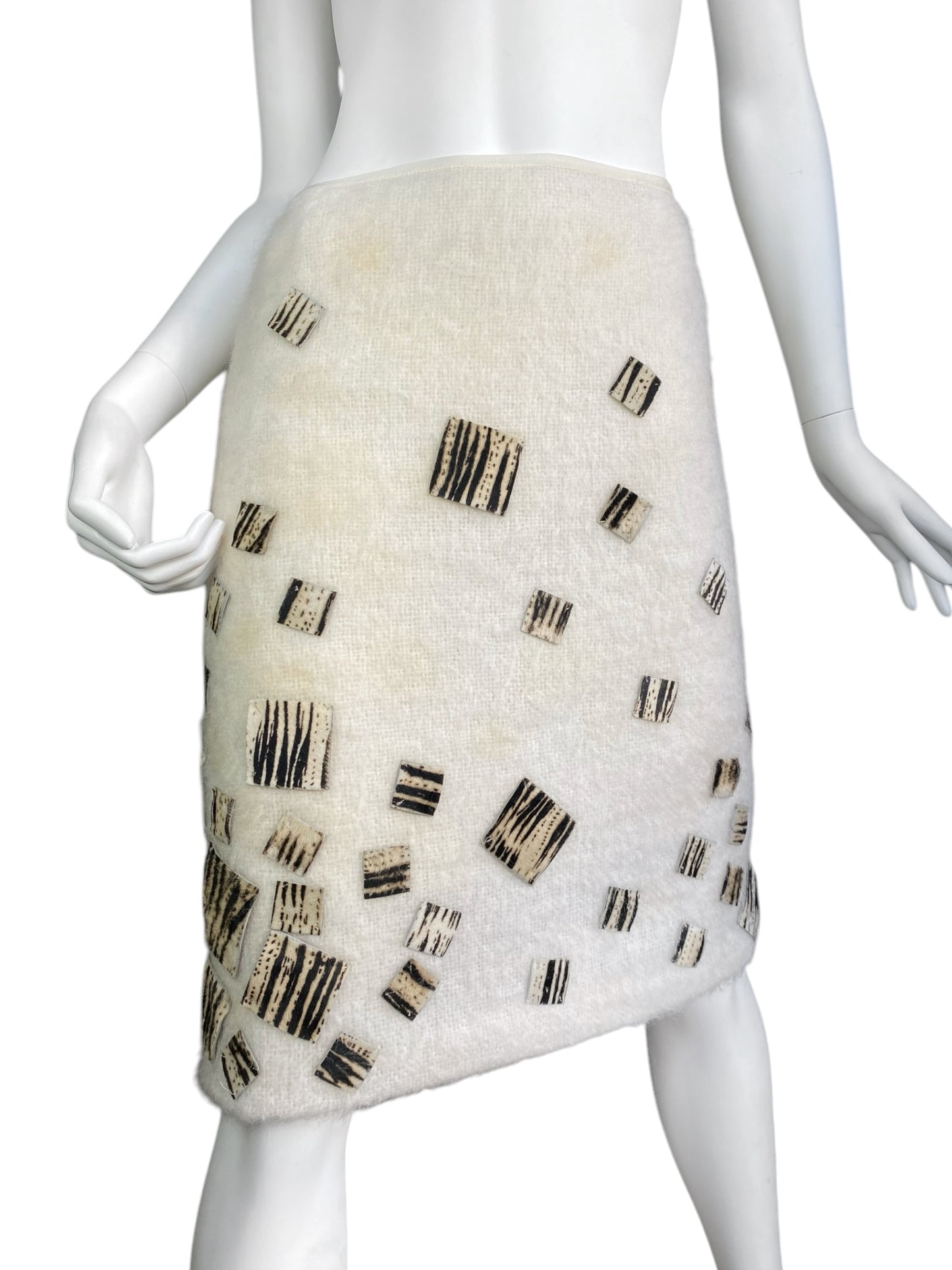 FENDI 1980s BY KARL LAGERFELD CREAM MOHAIR ZEBRA HAIRY LEATHER SQUARES MIDI SKIRT