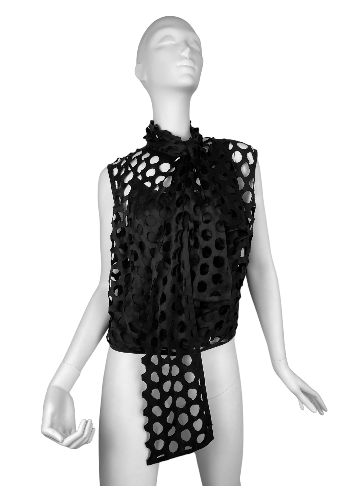 MAISON MARGIELA FW2020 BY GALLIANO BLACK SILK LASER CUT OUT POLKA DOTS ASCOT TIE TOP