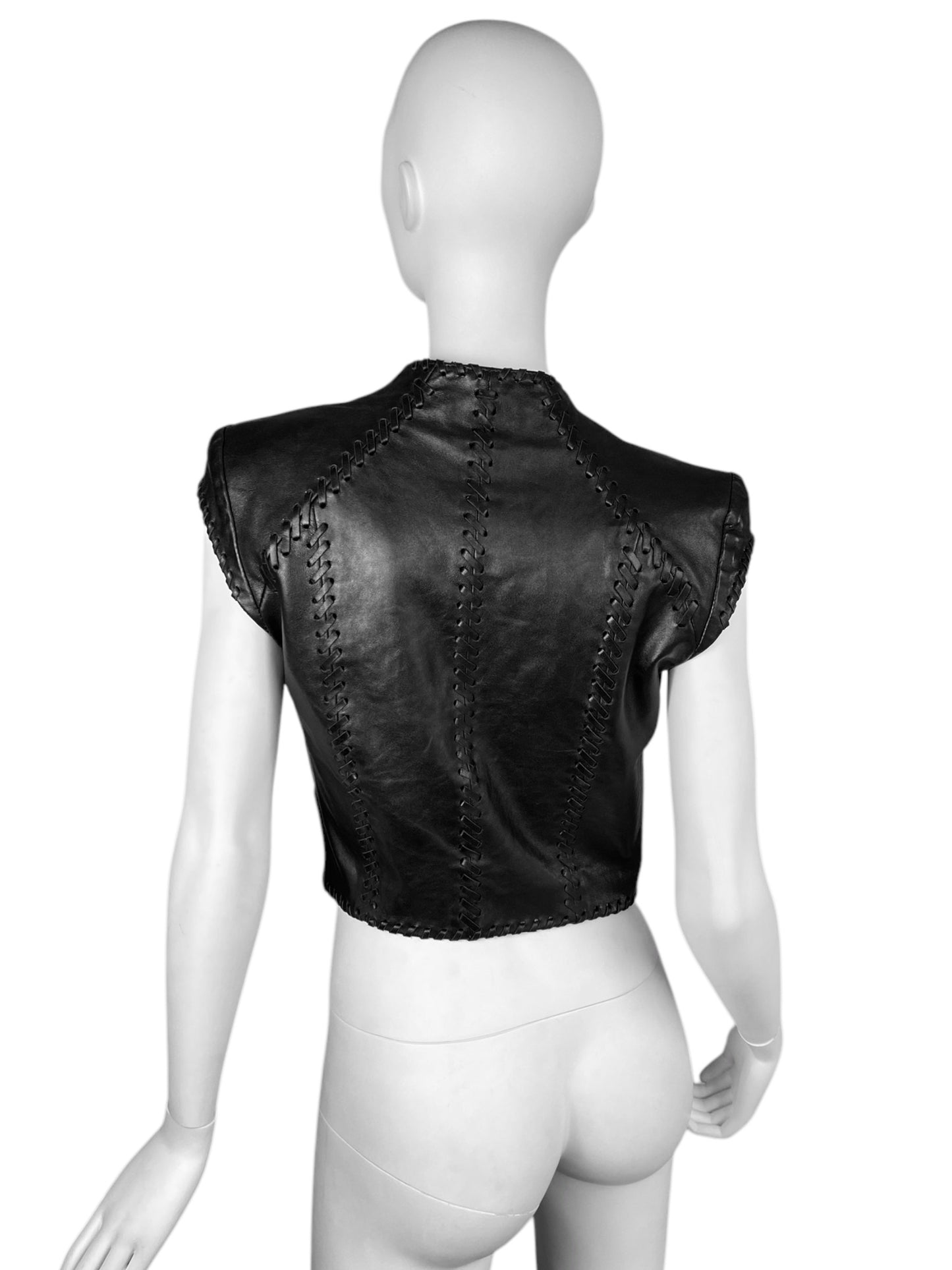 PLEIN SUD 2010s BLACK LEATHER LACED STITCHING & TIE-FRONT CLOSURE VEST