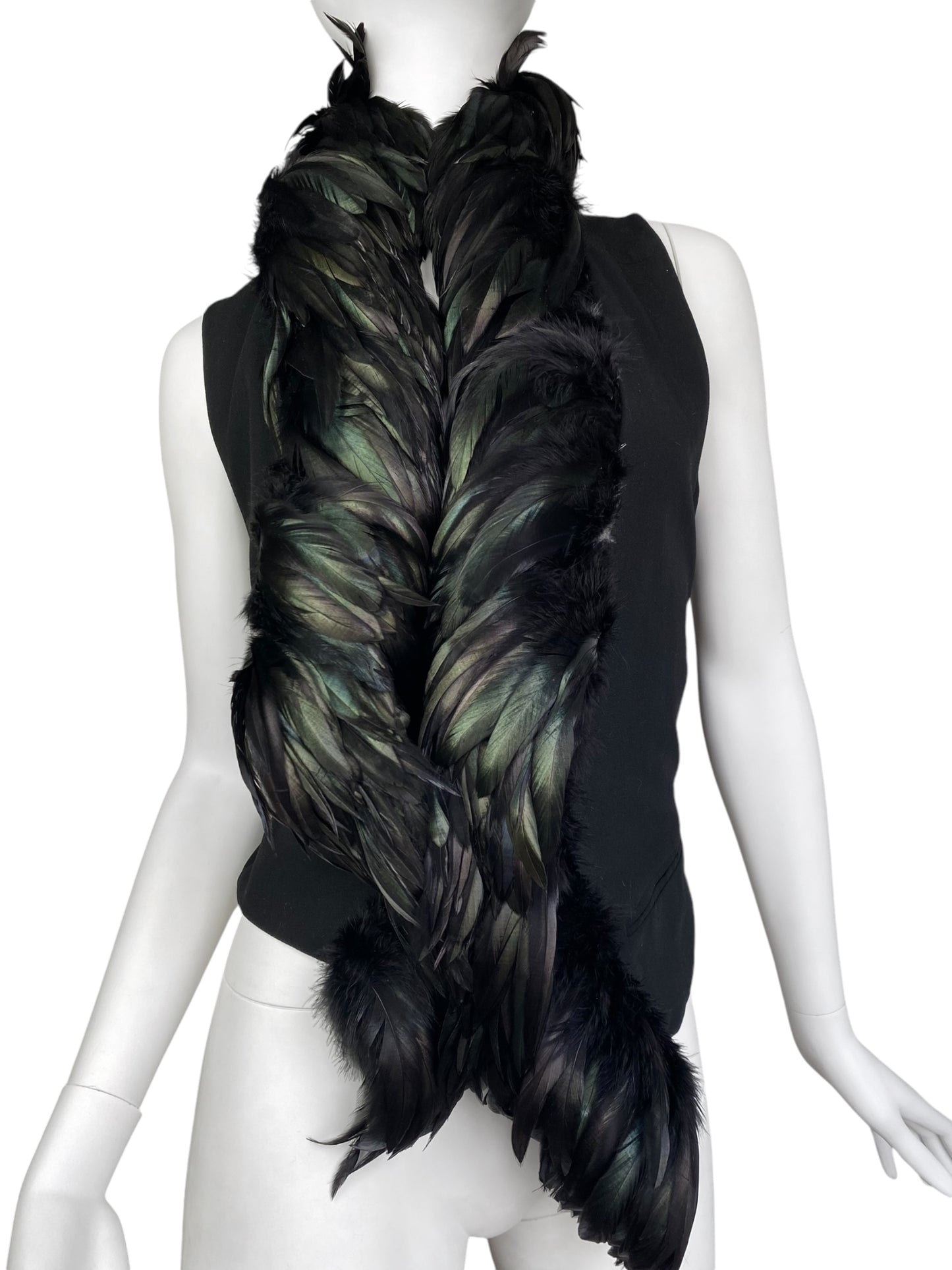 ANN DEMEULEMEESTER FW2010 GREEN FEATHERS BLACK WAISTCOAT