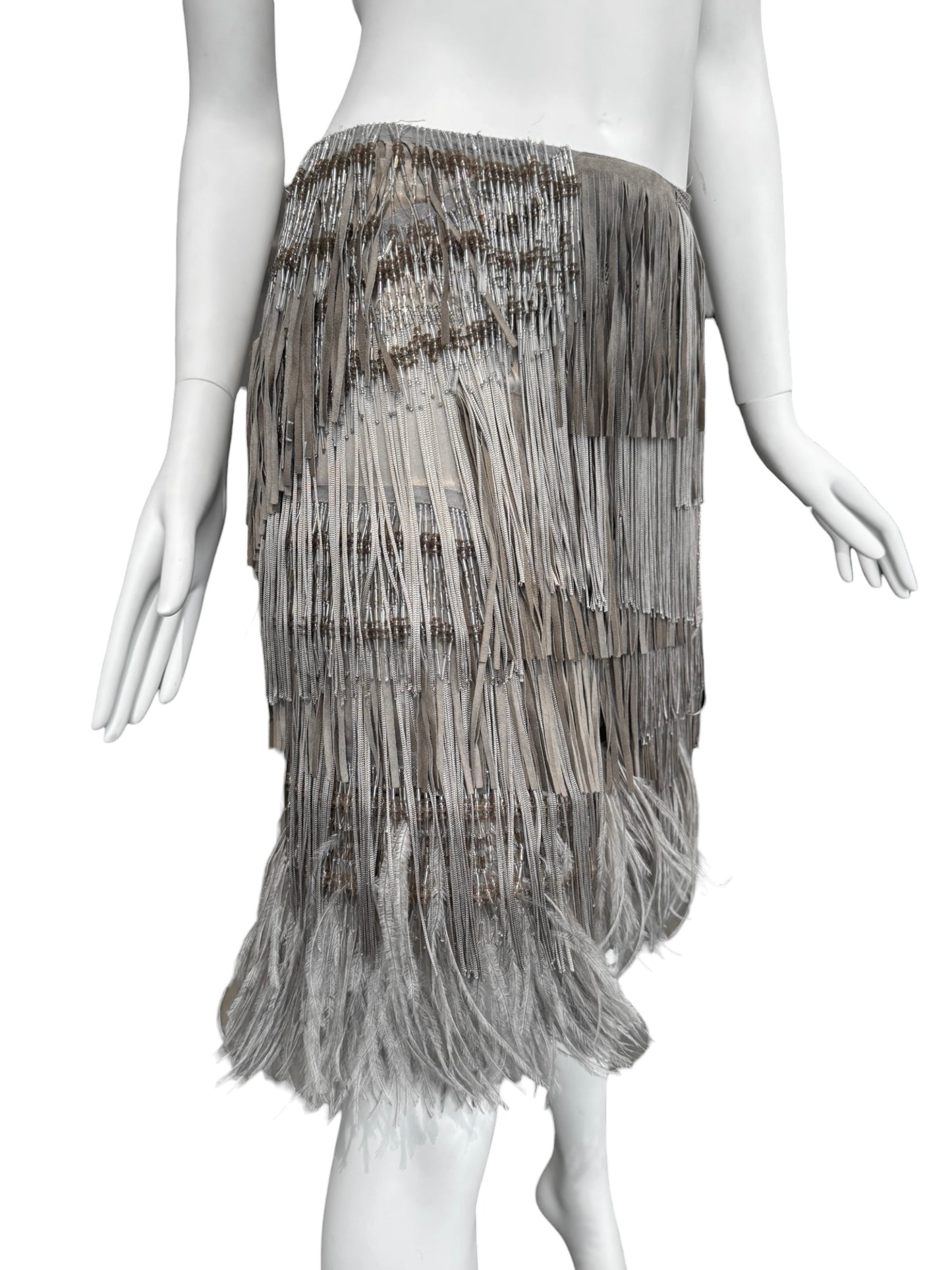 ALESSANDRO DELL’ACQUA SS2009 GREY SILK, OSTRICH FEATHERS & PEARLS FRINGES MIDI SKIRT