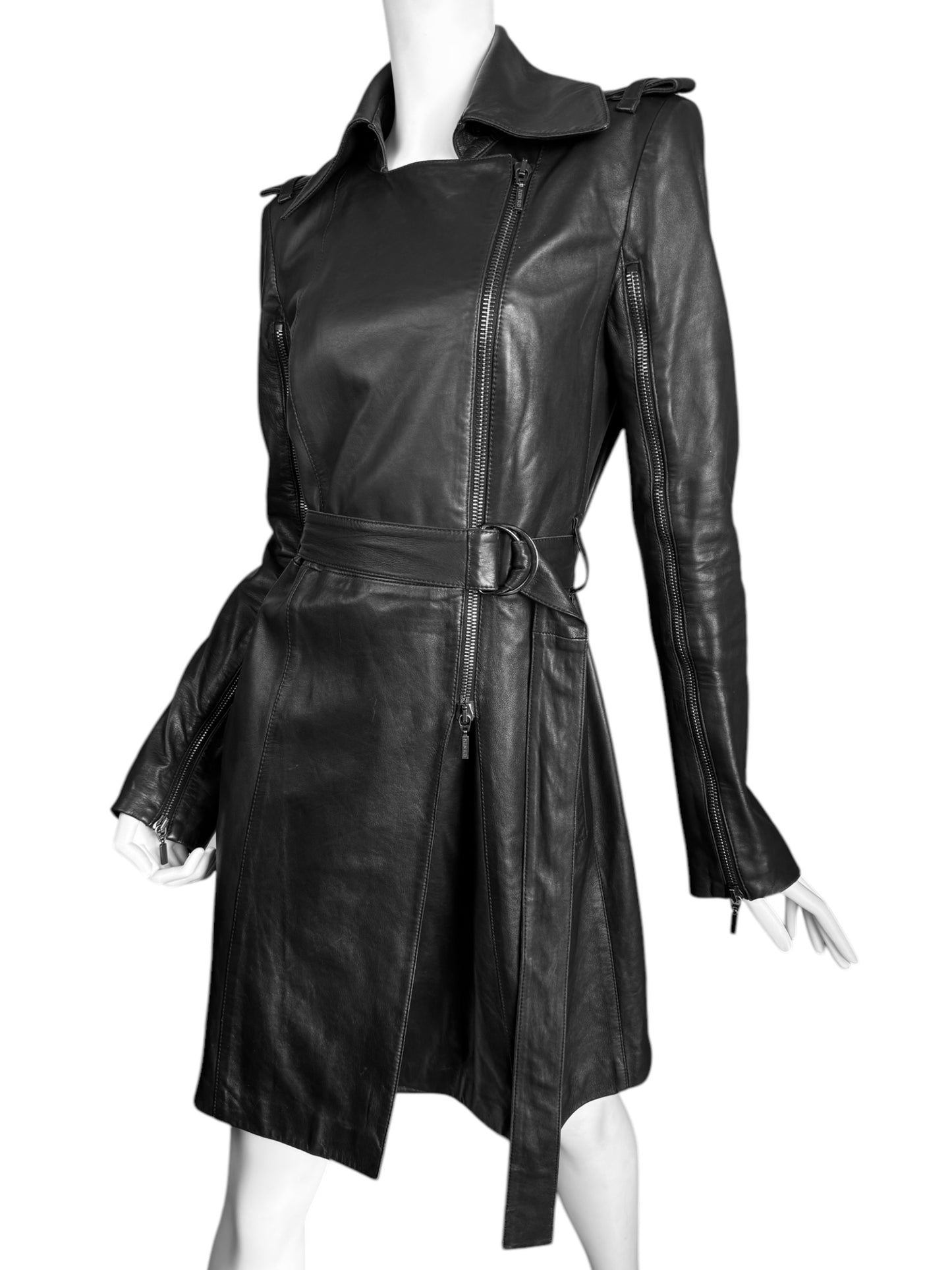 PLEIN SUD JEANS 2000s BLACK LEATHER ZIP SLEEVES COAT