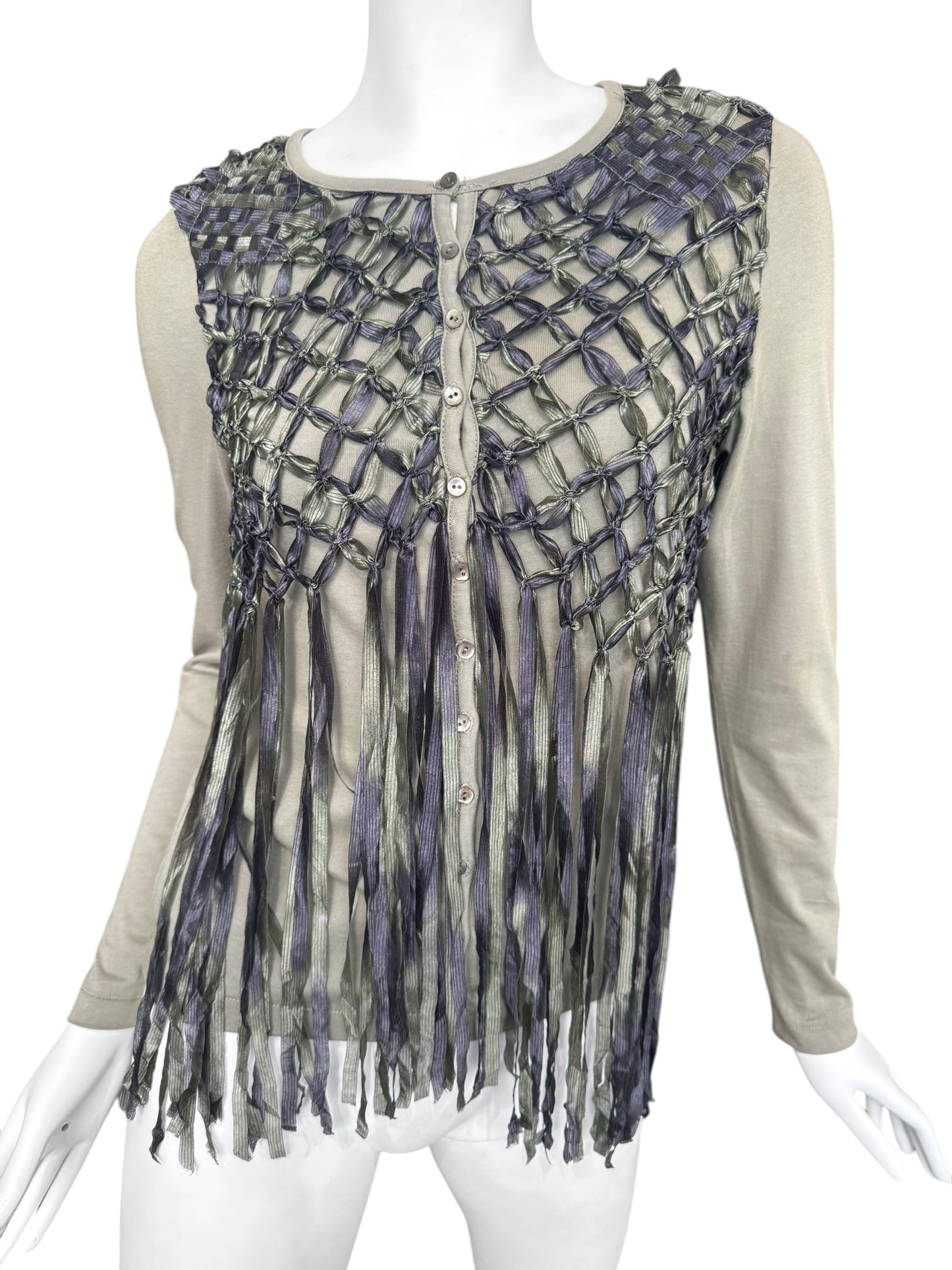 DIOR SS2003 BY JOHN GALLIANO KAKI COTTON & SILK KNOTTED FRINGE CARDIGAN
