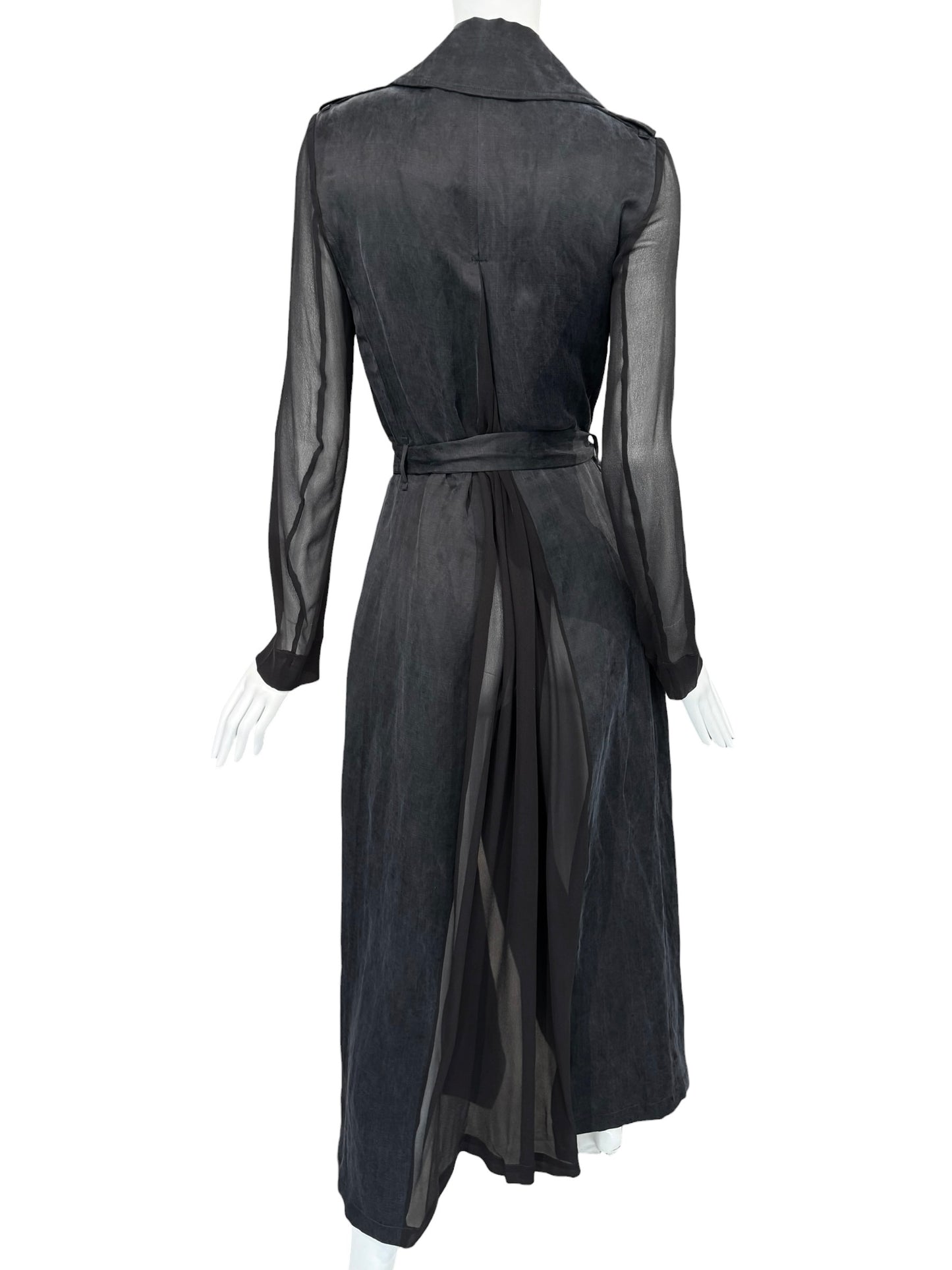 FAYÇAL AMOR 2010s DARK BLUE & BLACK LINEN & SILK MAXI COAT