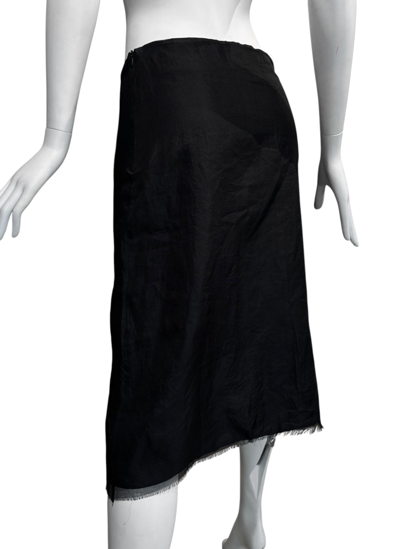 SANDRINE PHILIPPE 2000s BLACK FRAYED FABRIC APPLIQUÉ MIDI SKIRT