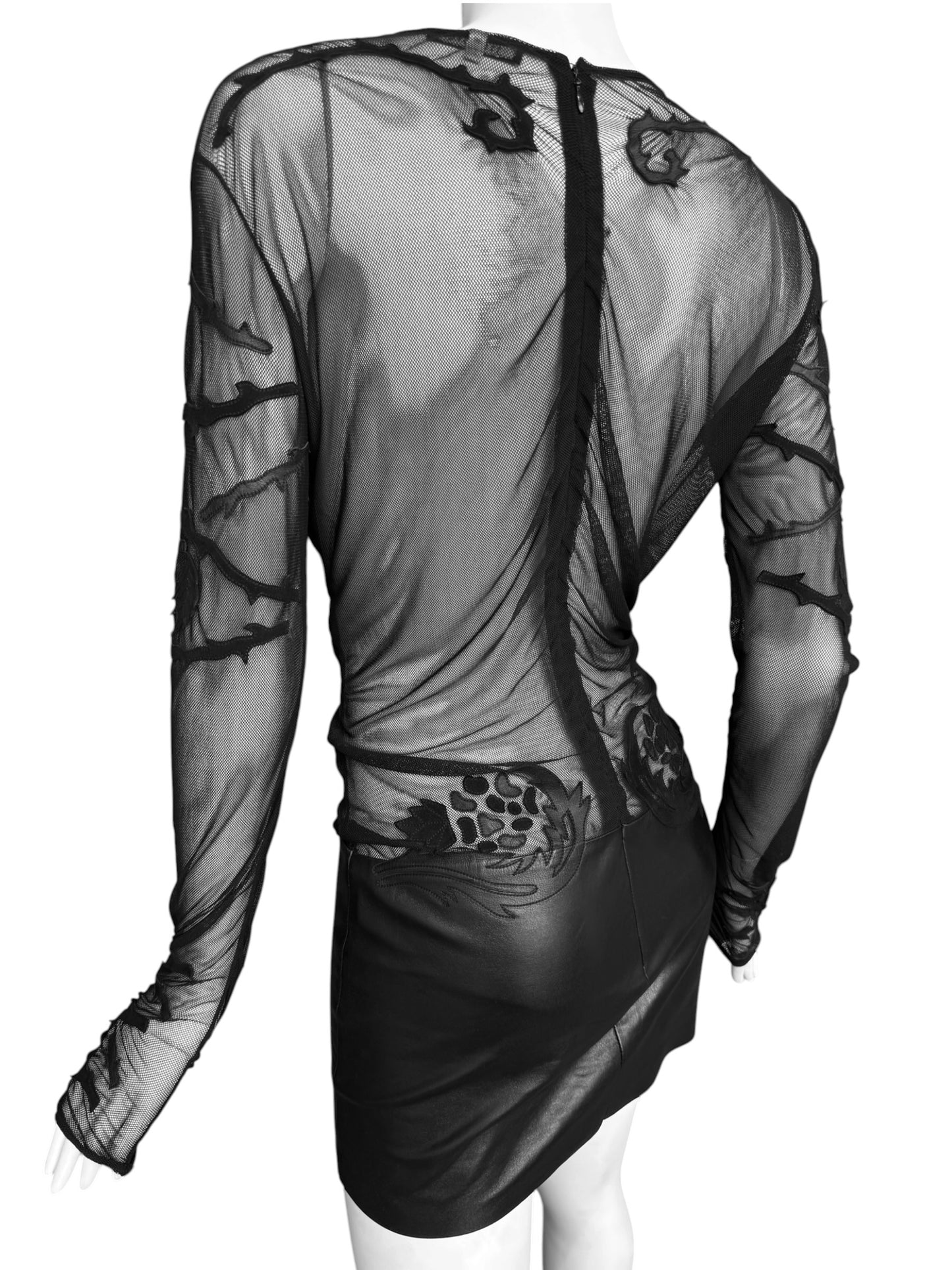 JITROIS 2012 BLACK MESH & LEATHER APPLIQUÉ SHEER MINI DRESS