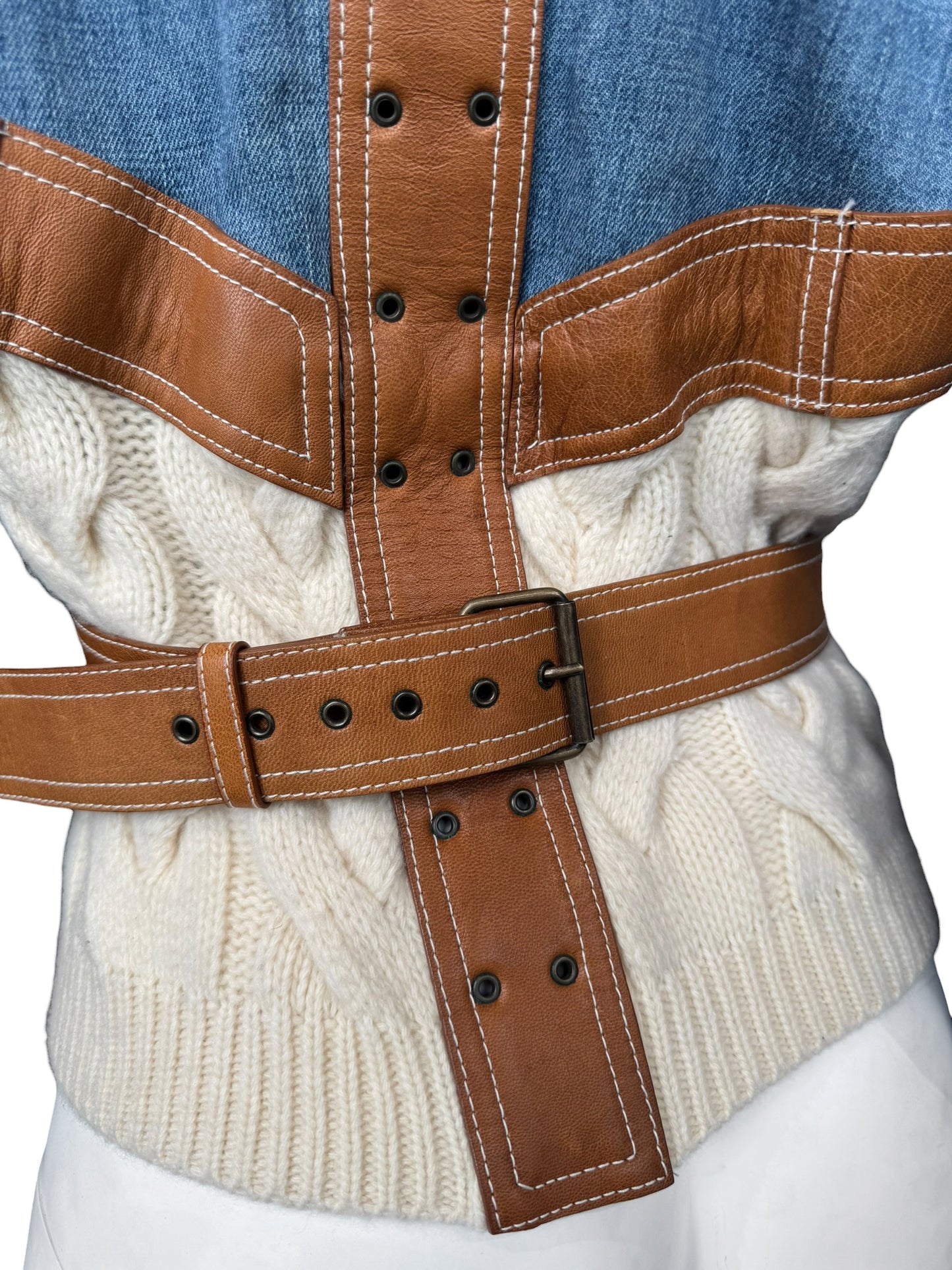 ALEXANDER MCQUEEN SS2004 ‘DELIVERANCE’ BLUE DENIM, BROWN LEATHER & CREAM KNIT PATCHWORK JACKET
