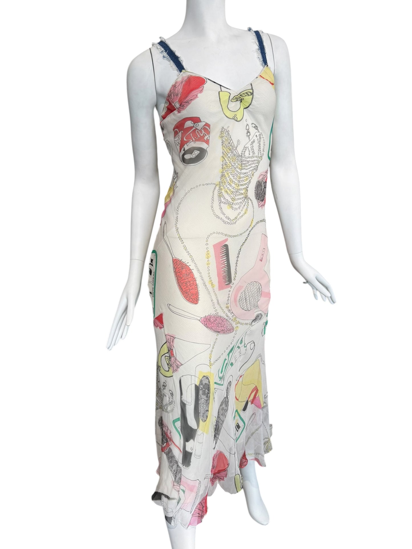 DIOR SS2001 BY JOHN GALLIANO OFF-WHITE SILK KITSCH PRINT MAXI DRESS